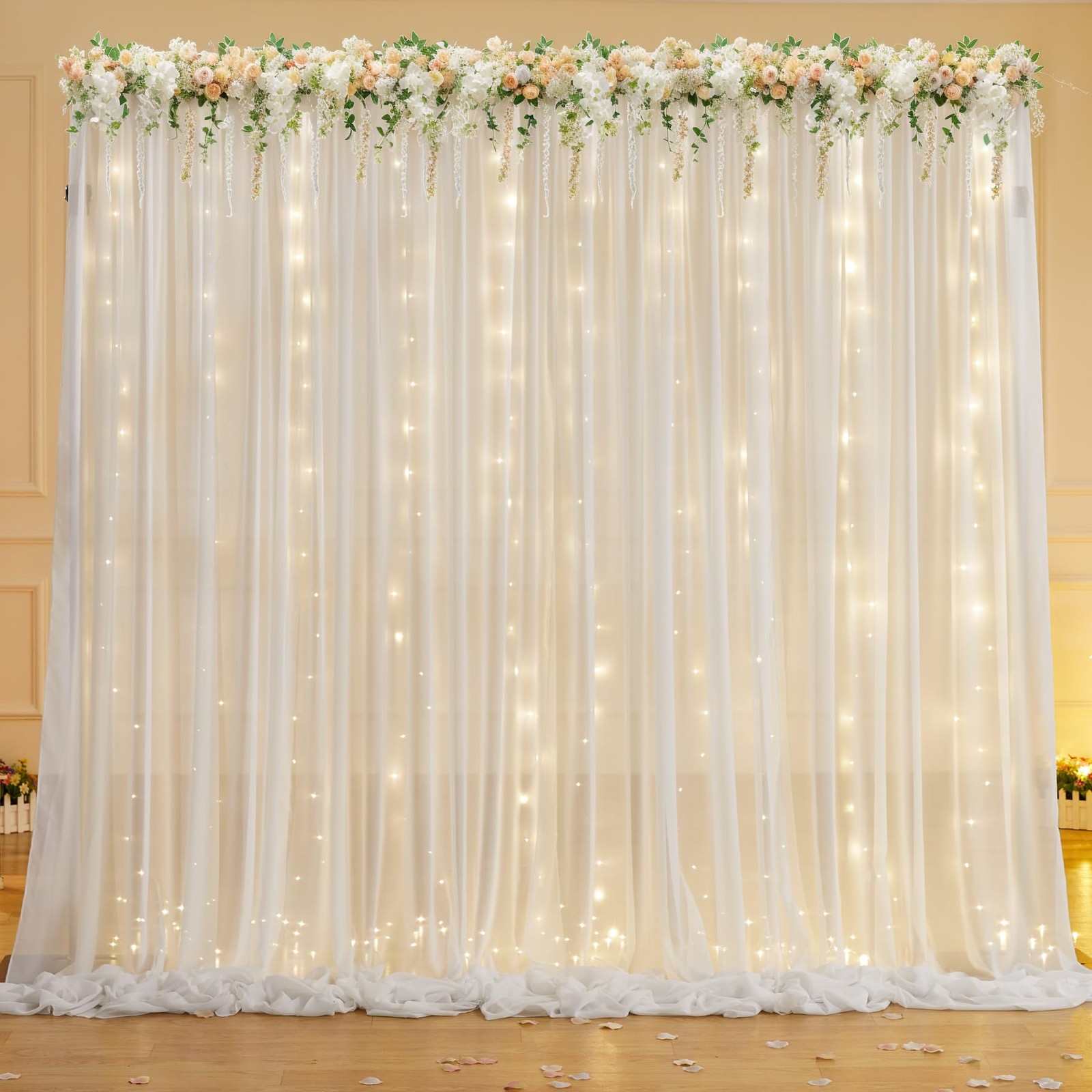 10x7FT Cream White Chiffon Wrinkle Free Backdrop Curtain String Lights Wedding