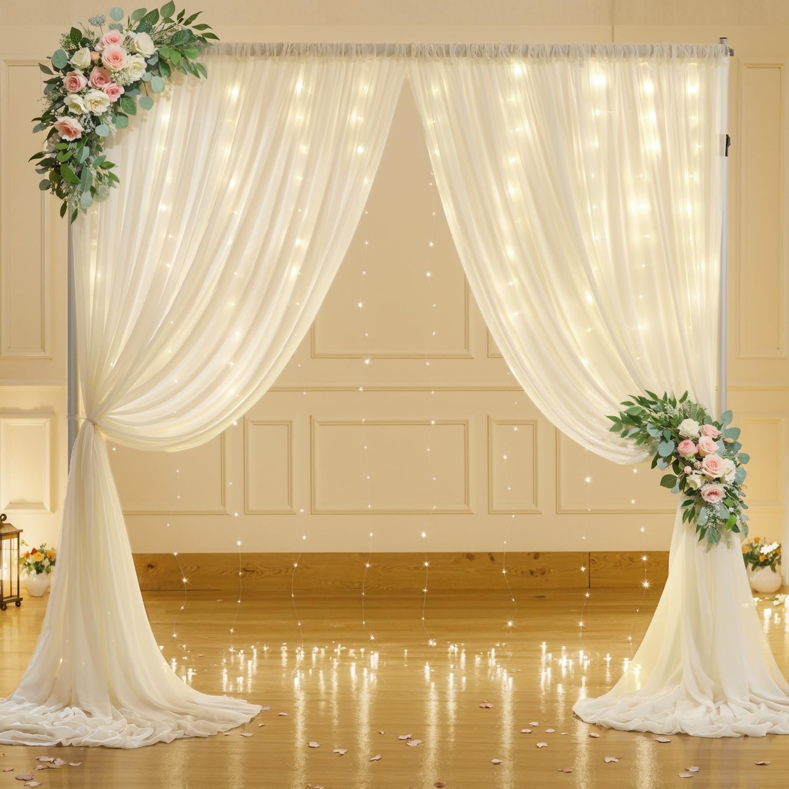 10x7FT Ivory Chiffon Wrinkle Free Backdrop Curtain String Lights Wedding Photo