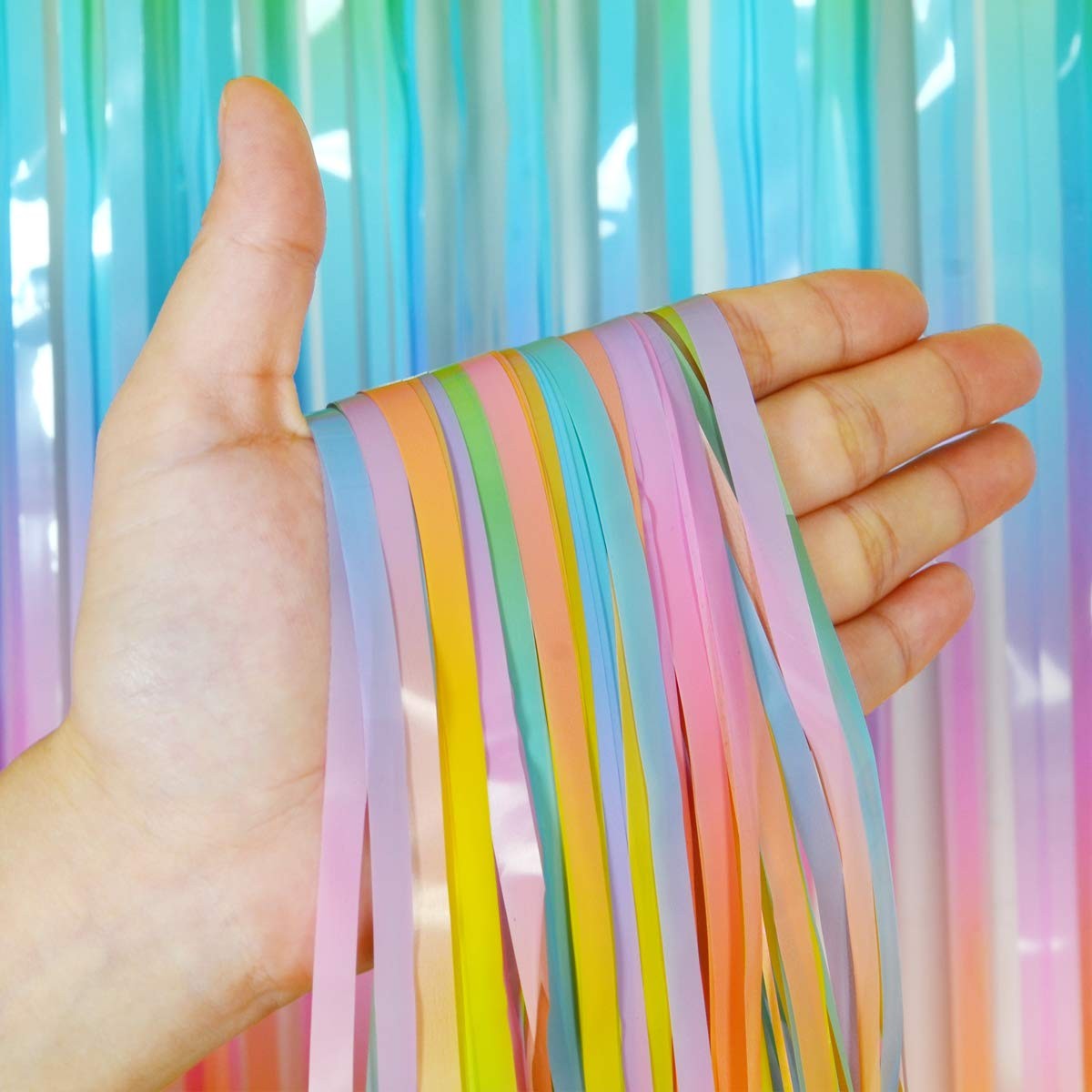 2 PCS 3.2×8.2 Ft Macaron Rainbow Foil Fringe Curtains Easter Backdrop