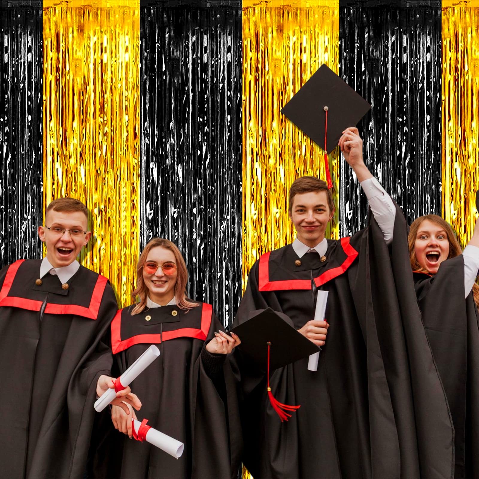 Black Gold Foil Fringe Curtain Backdrop Tinsel Streamers 3.28×9.8 Ft 4 PCS
