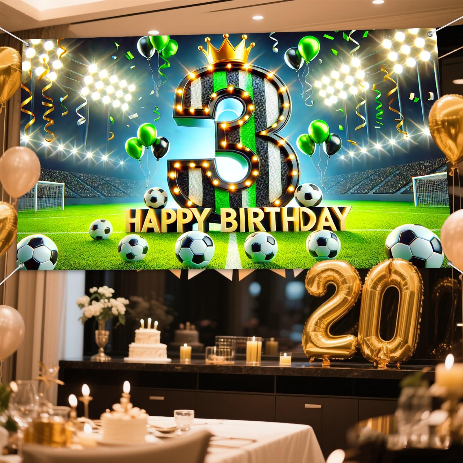 Soccer 3rd Birthday Backdrop Banner 71×43 Inch Black Green White Crown Stadiu…