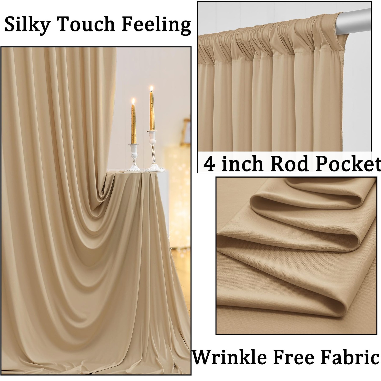 10×10 ft Beige Backdrop Curtains 2 Panels 5×10 ft Wrinkle Free Polyester