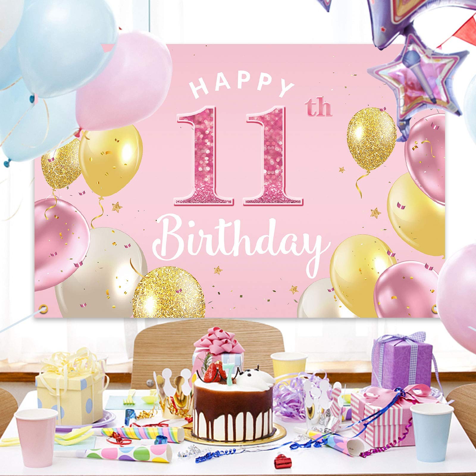 PAKBOOM Happy 11th Birthday Backdrop Banner – 11 3.9 ft x 5.9 ft, Pink