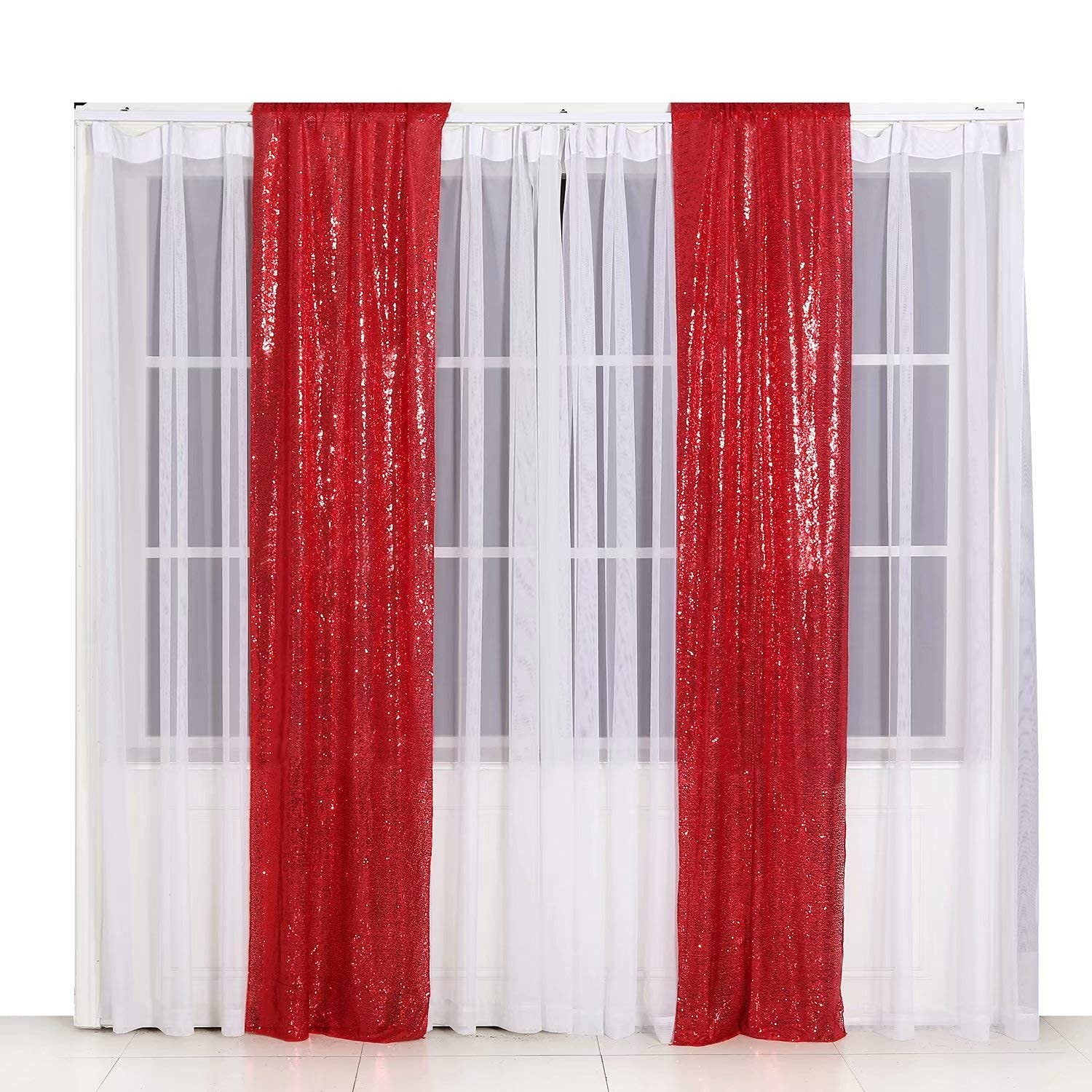 Sequin Curtain Backdrop 2FT x 8FT Red 2 PCS Background for Wedding Party Set