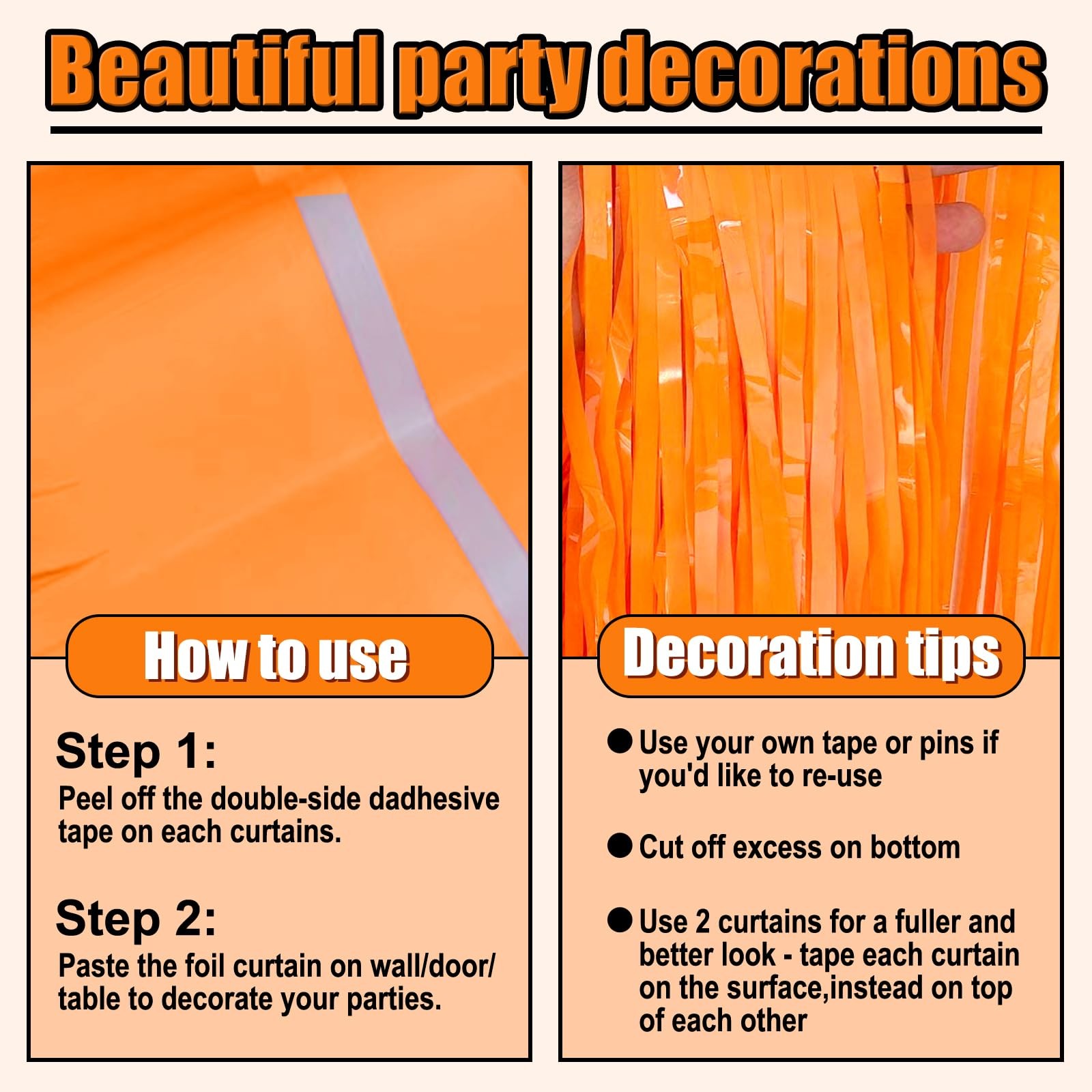 Orange Macaron Foil Fringe Tinsel Backdrop Party Curtains 3.28×8.2 Ft 6 PCS