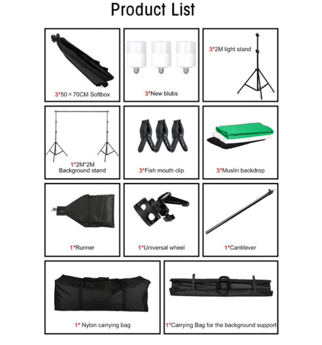 Photography Lighting Kit Including 2x2M Background Muslin Photo Studio Lighting