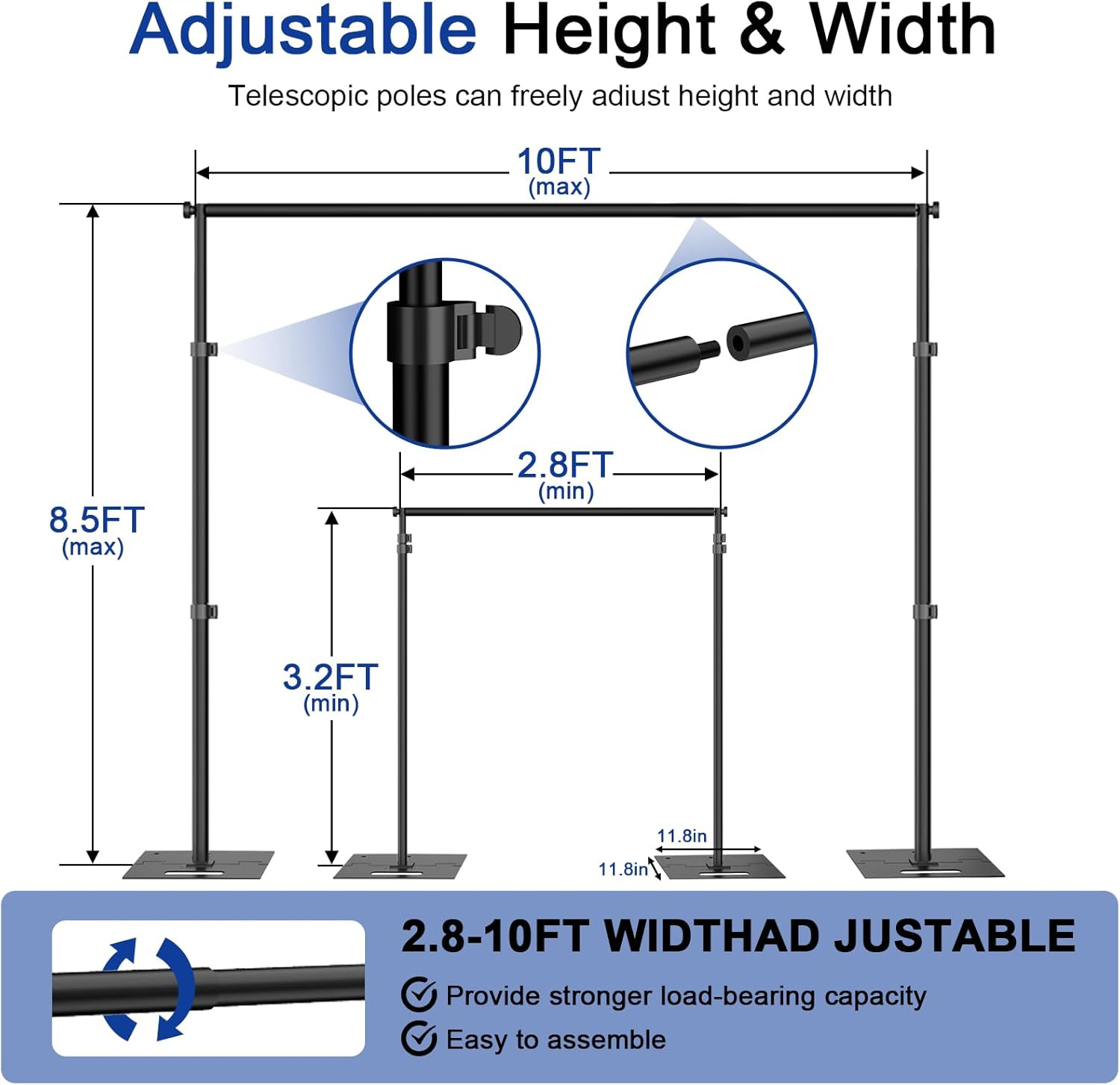 8.5X10Ft Backdrop Stand, Adjustable Photography Background Frame, Heavy Duty Pip