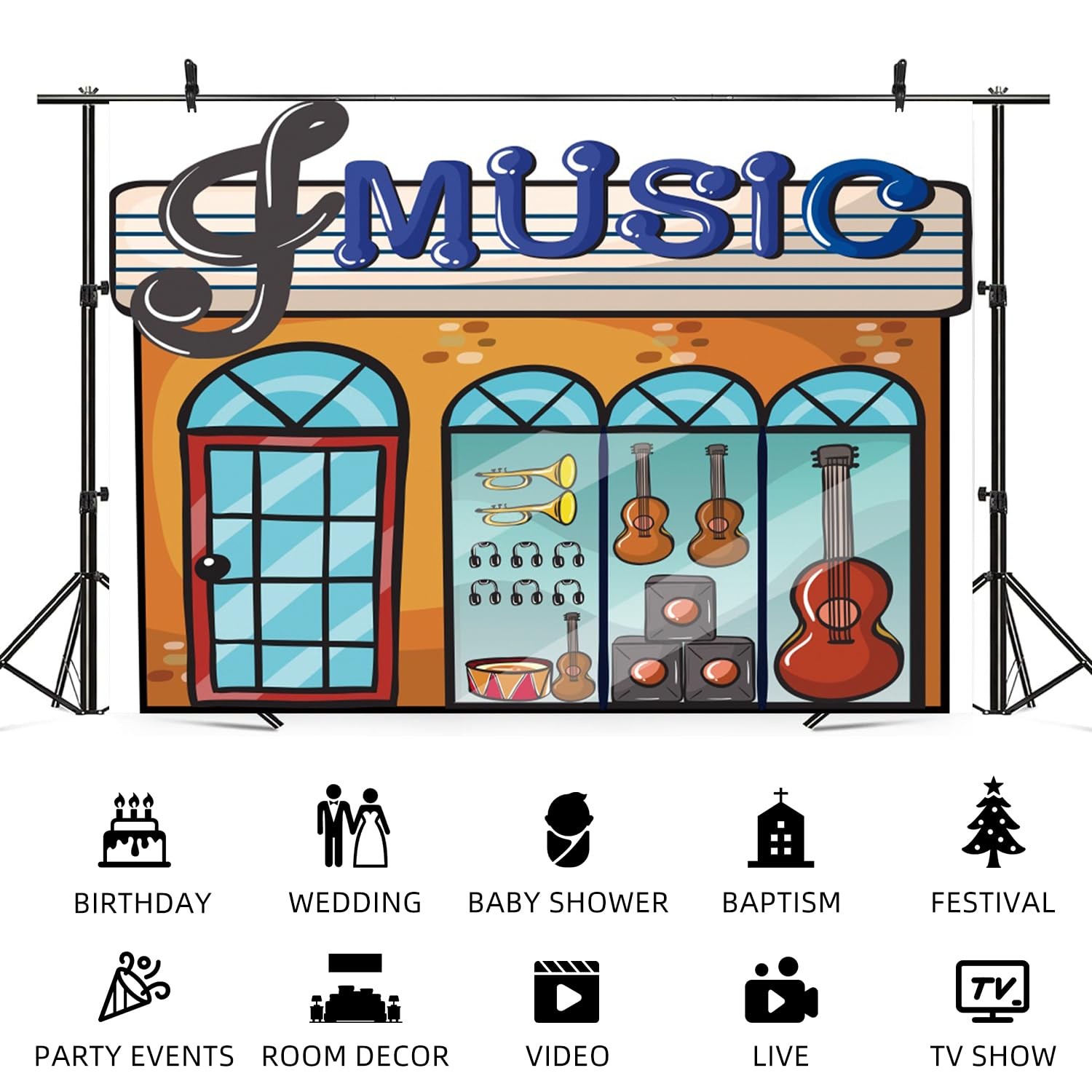 6x4ft Cartoon Music Store Backdrop – Guitar Drums Instruments Photo Prop Decor