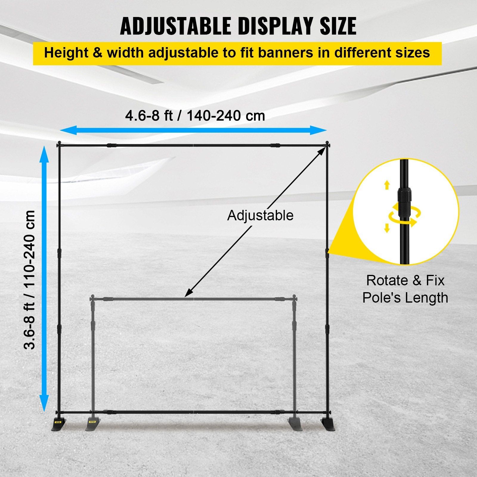 8×8 FT Extendable Backdrop Banner Stand Solid Aluminum Construction Grey