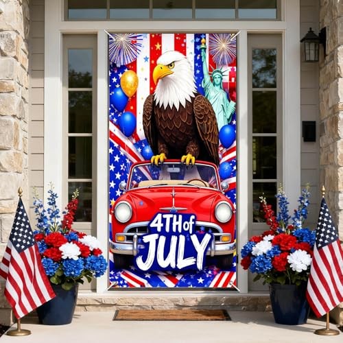 Patriotic Door Cover Decoration 71 x 35 in Holiday 4th of July Eagle Red Car