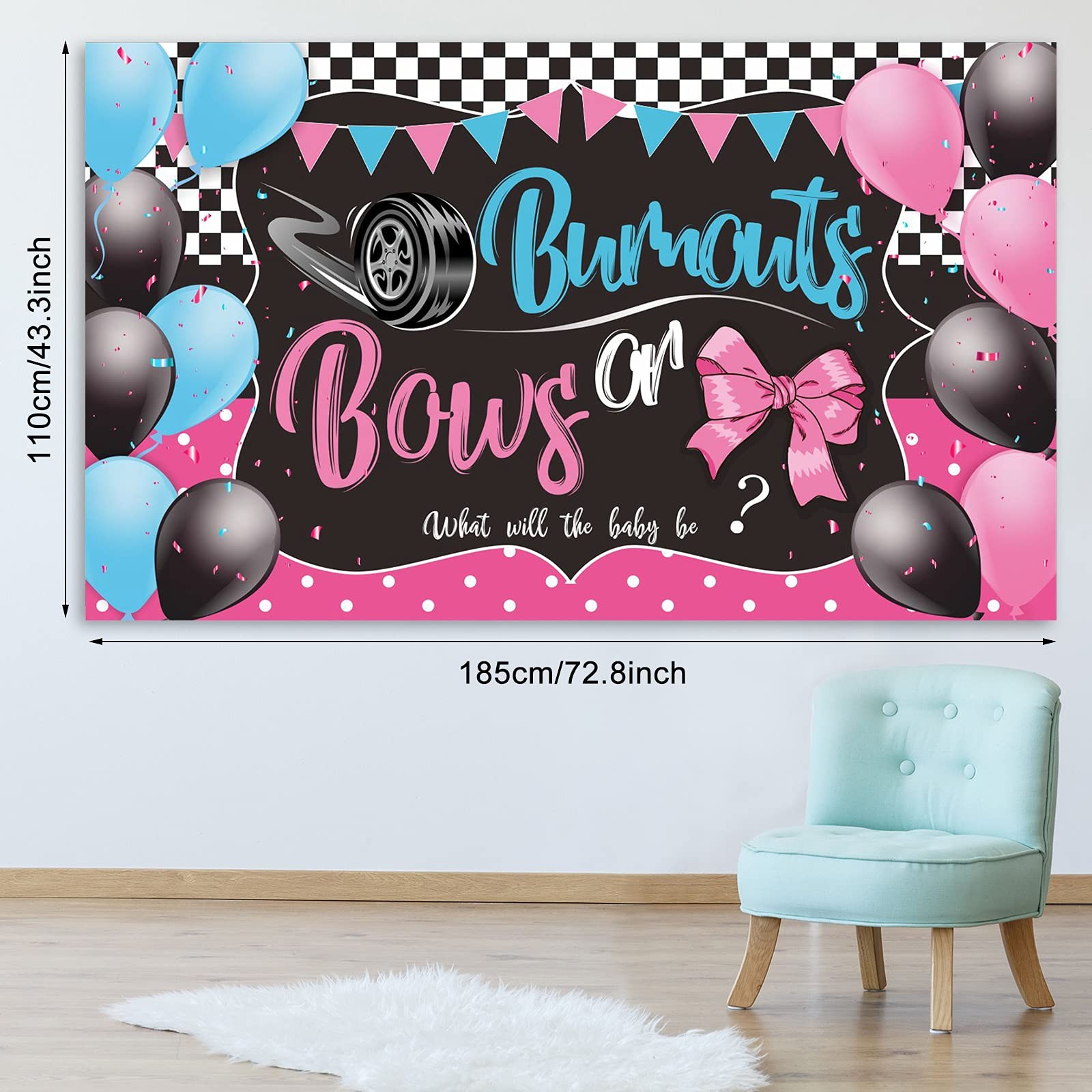 Burnouts or Bows Gender Reveal Decoration 72.8 x 43.3 inch, Multicolor