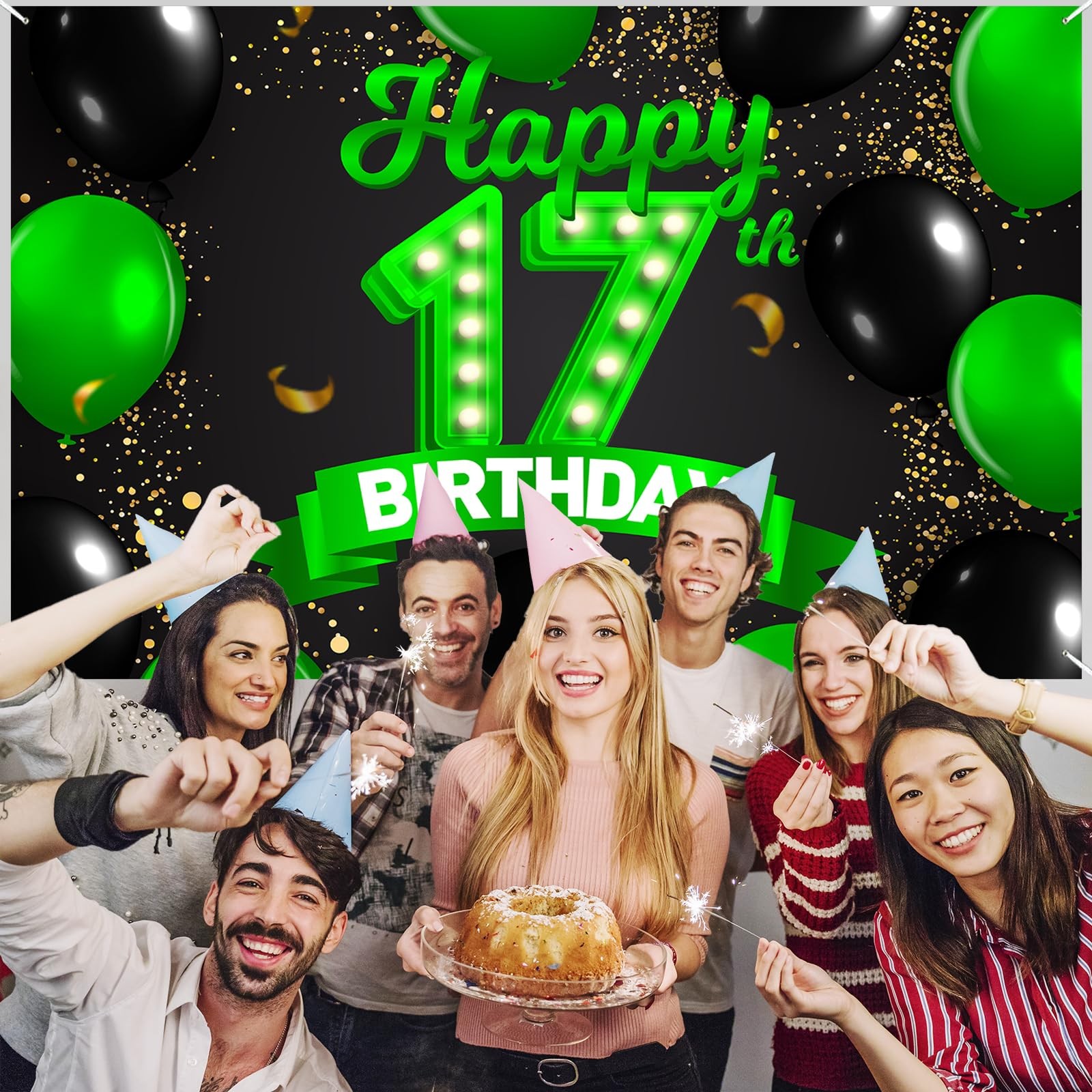 Happy 17th Birthday Green and Black Banner Backdrop Cheers to 17 17, Multi