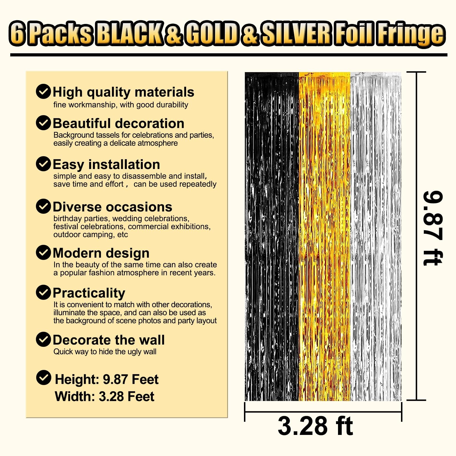 6 Pack Black Gold Silver Foil Fringe Curtain Backdrop 3.28 x 9.8 ft Tinsel