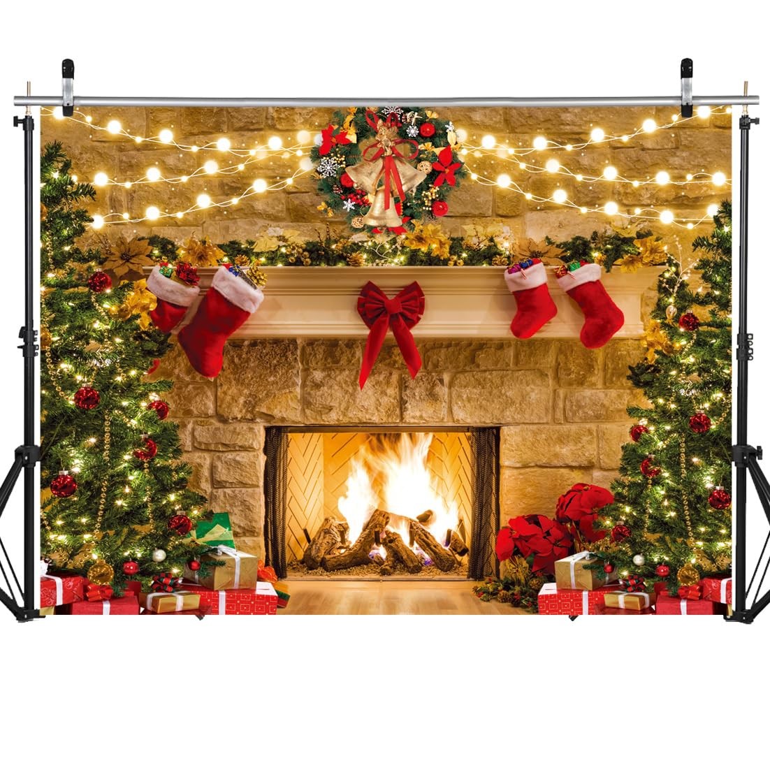 Christmas Backdrop Fireplace Photo Background Tree Theme Party 12804 82×59 In