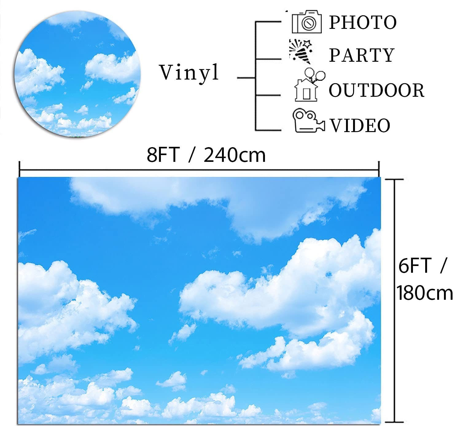 Vinyl 8X6FT Blue Sky White Clouds Photo Background Sunny 8x6ft, Blue,White
