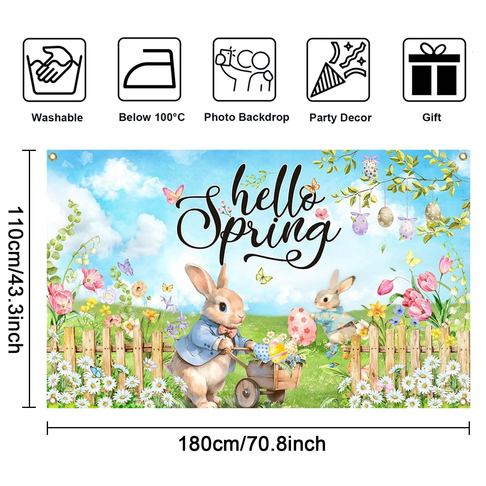 Mocsicka Hello Spring Backdrop Easter Party Banner 70.8×43.3 inch, Greenery