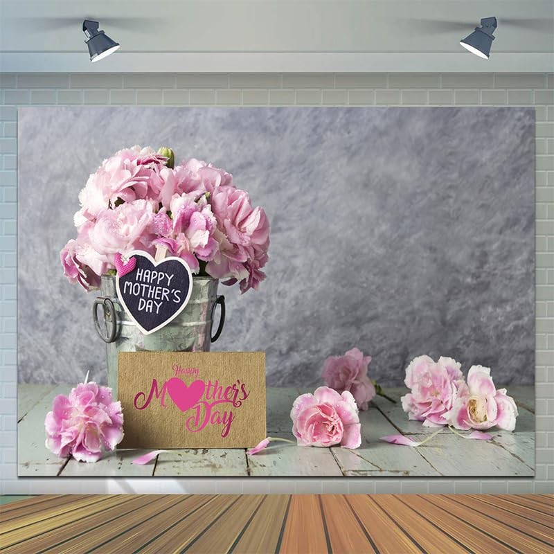 8x6ft Happy Mother’s Day Backdrops Pink Carnation Background Wood Floor Backgrou