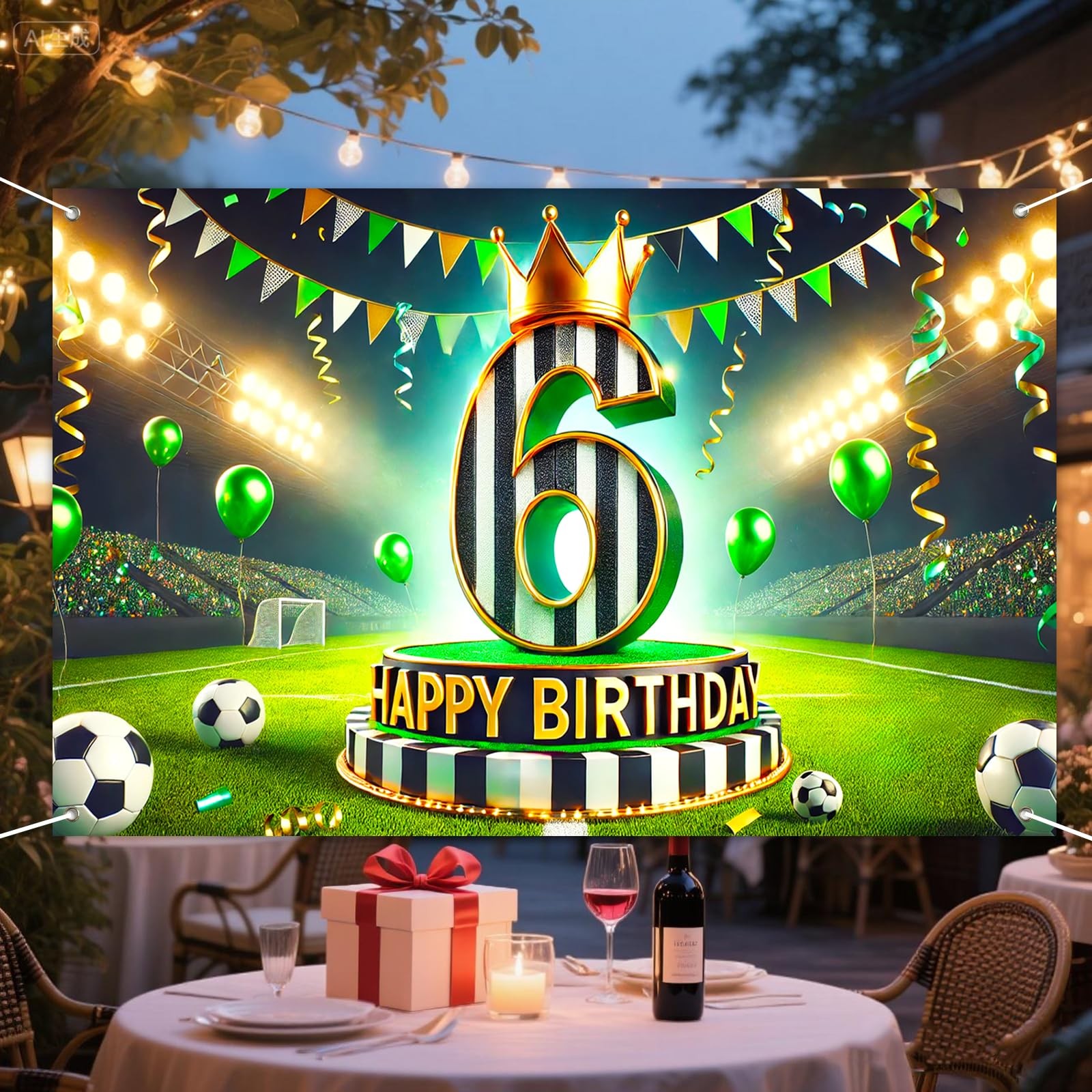Soccer 6th Birthday Backdrop Banner 71×43 Inch Black White Green Crown Footba…