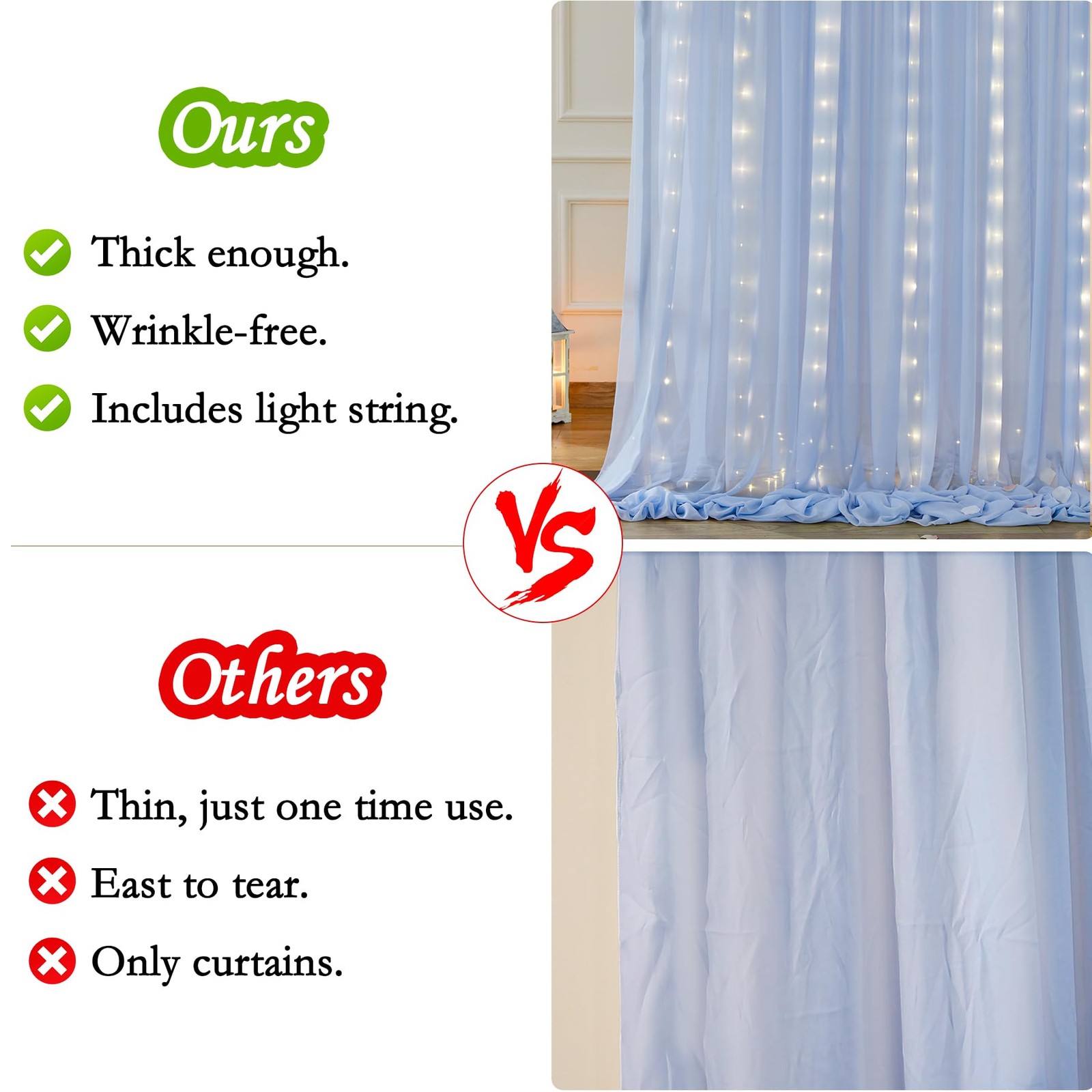 10 x 10 Ft Baby Blue Chiffon Backdrop Curtain Lights String Wedding Photo