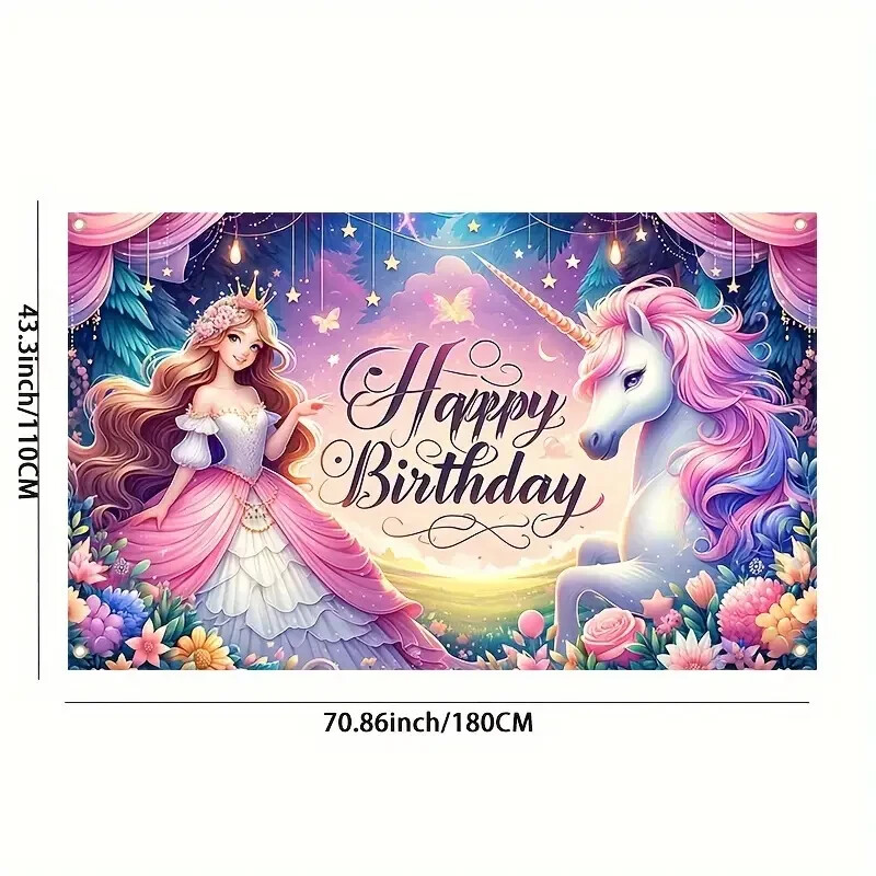 1pc Unicorn Birthday Banner, Princess Birthday Backdrop Cloth, Unicorn Birthday