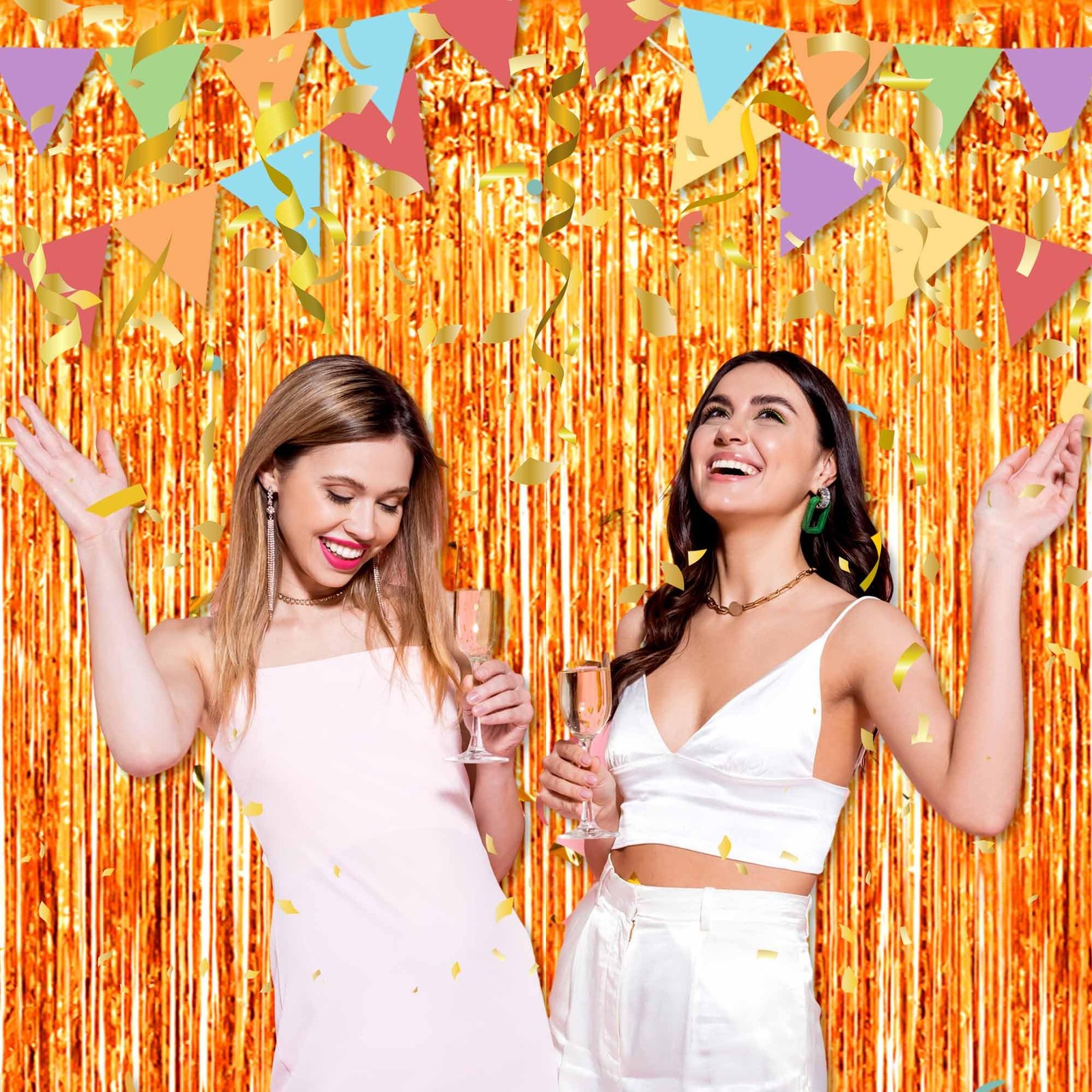 Orange Metallic Foil Fringe Curtains Backdrop Streamers 3.28×8.2 Ft 3 Pack