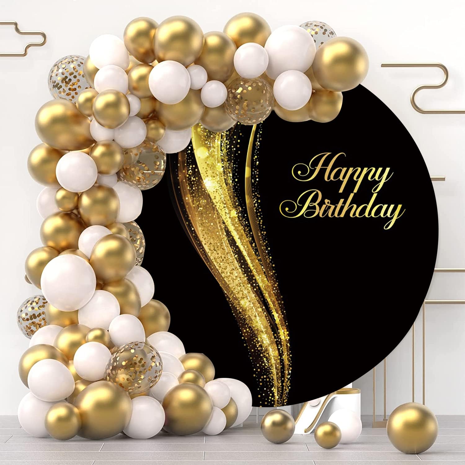 Black and Gold Round Backdrop 7.2ft Shining Fabric Happy Birthday Party Decor