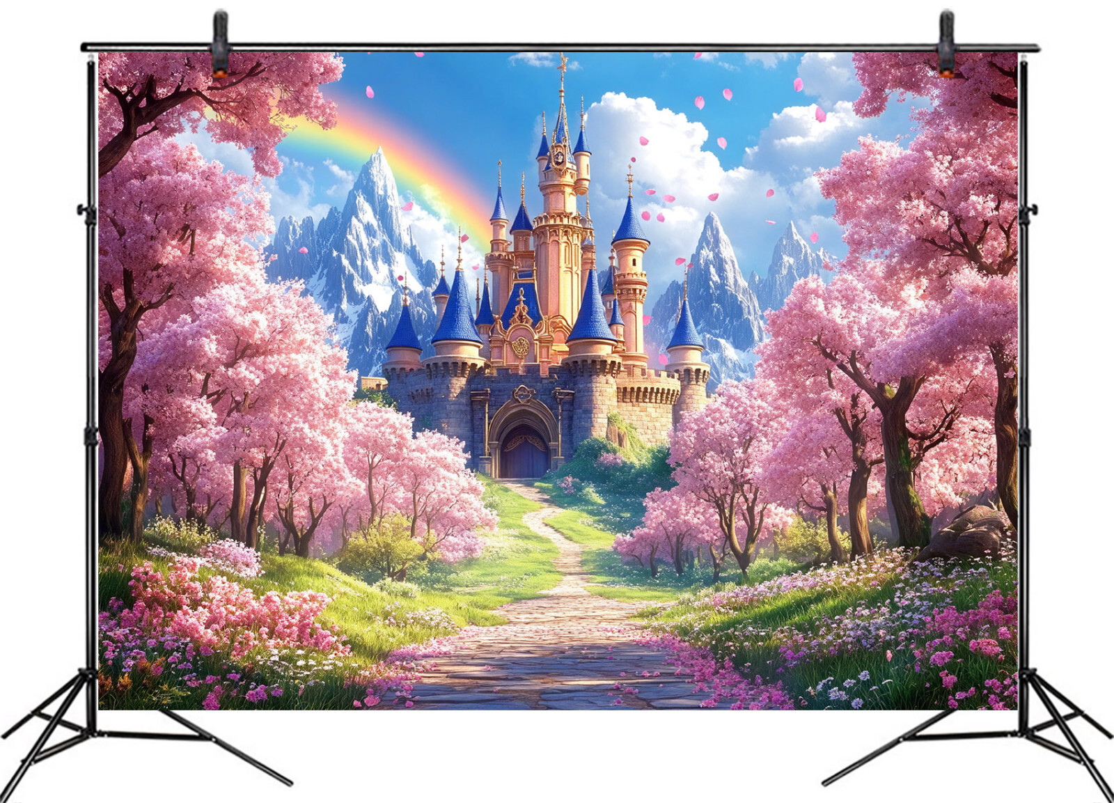 10x8ft Cloud Rainbow Fairy Tale Princess Castle Vinyl Backdrop Photo Background
