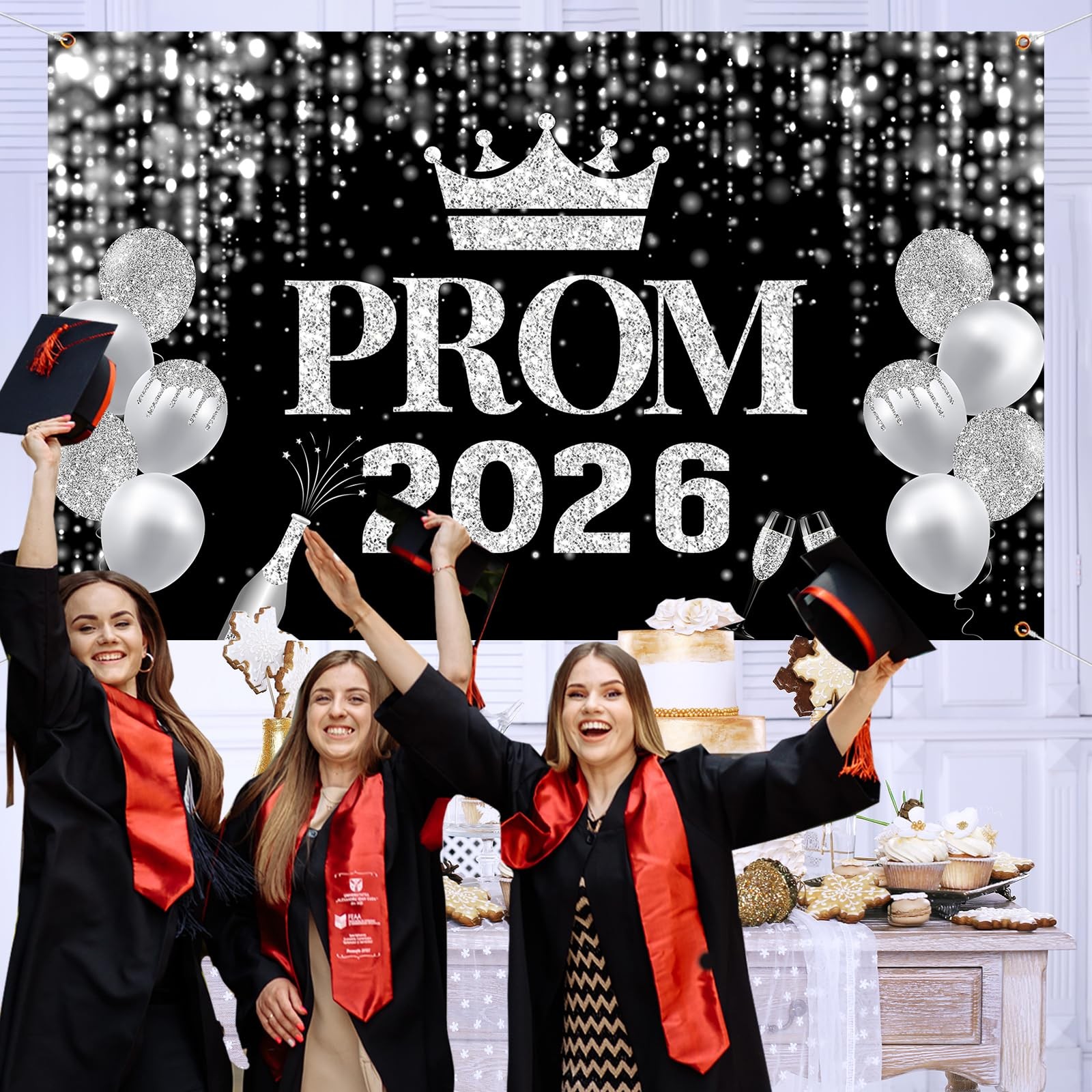 Prom Decorations 2026 Banner, Black and Silver Prom Decorations
