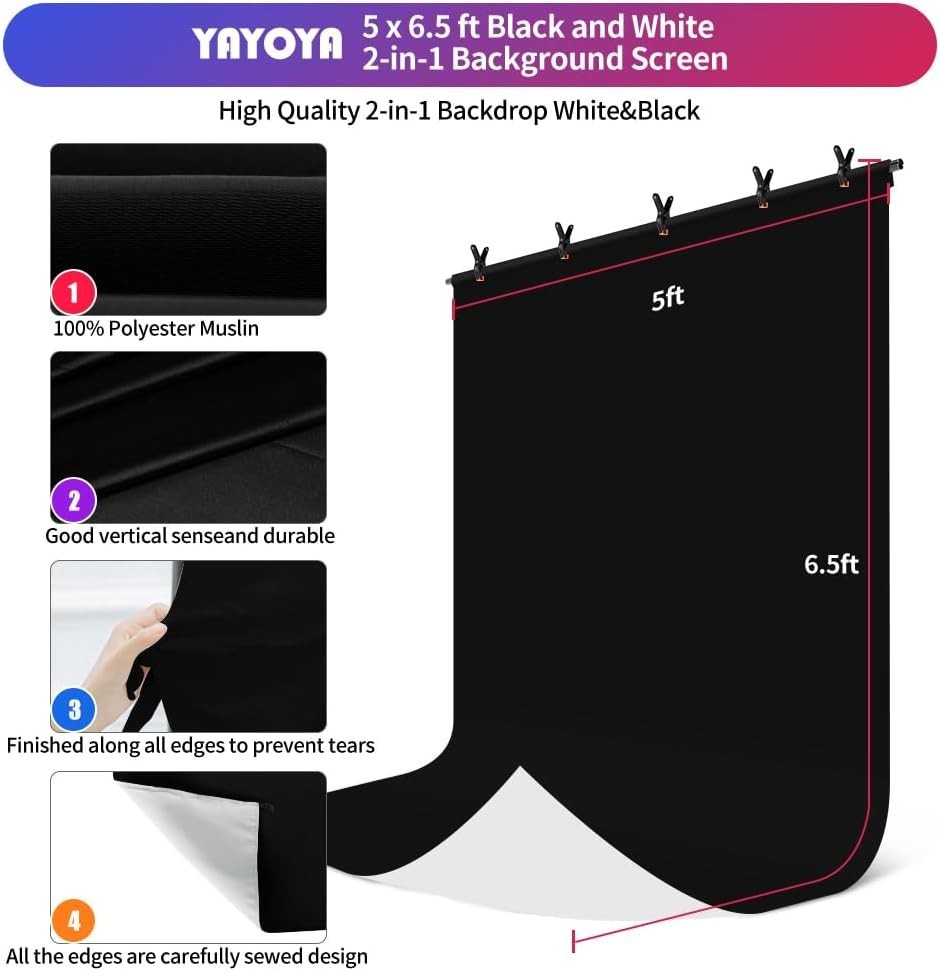 Elegant 5×6.5ft Black White Backdrop with Adjustable Stand for Photo Shoots