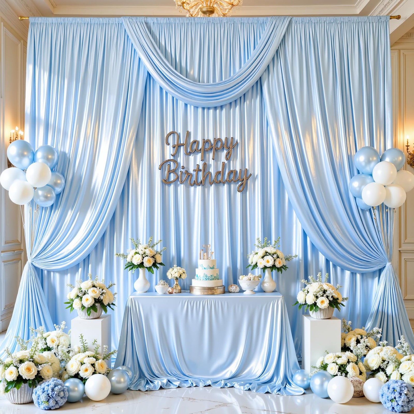 Shillance Blue Glitter Satin Backdrop Curtain for 5ftx10ft(8 panels),