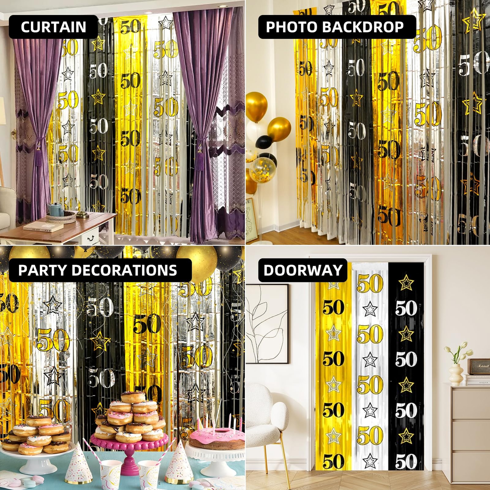 2 PCS 3.3×6.6ft 50th Birthday Backdrop, Black Gold Silver, Foil Fringe Curtain