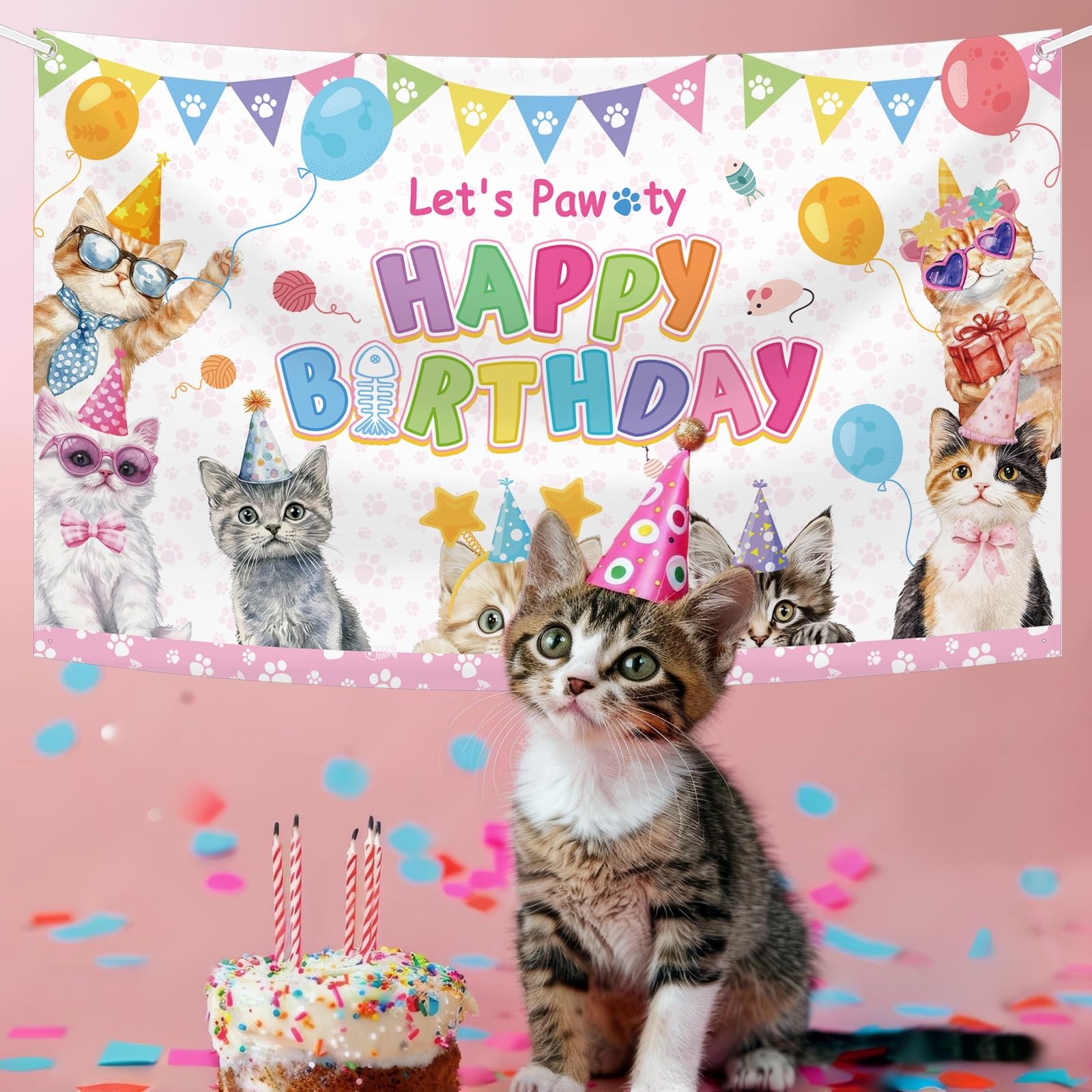 Cat Birthday Decorations Pink Cute Cat Birthday Party Banner Let’s Pawty Cats…