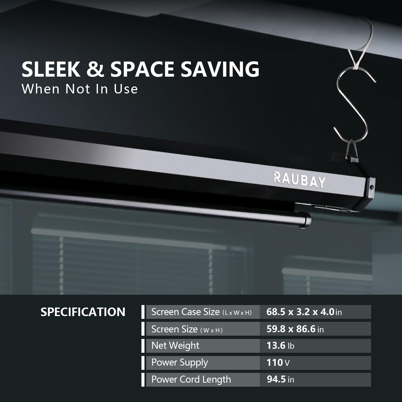 RAUBAY Motorized Pull Down Black Screen Standard(59.8 x 86.6in),