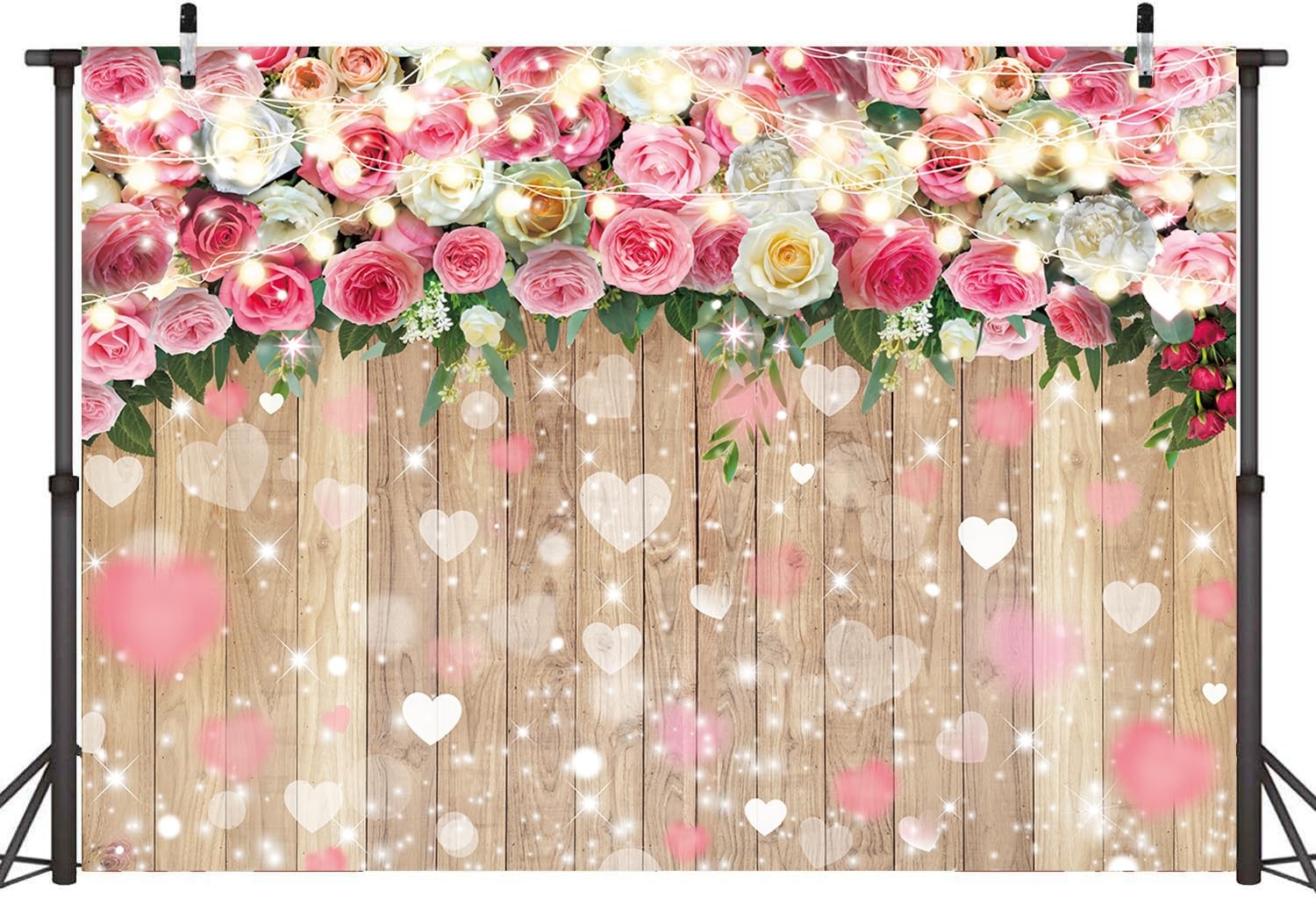Romantic Pink Rose Flower Backdrop 7x5FT Floral Hearts Wooden Wall Background fo