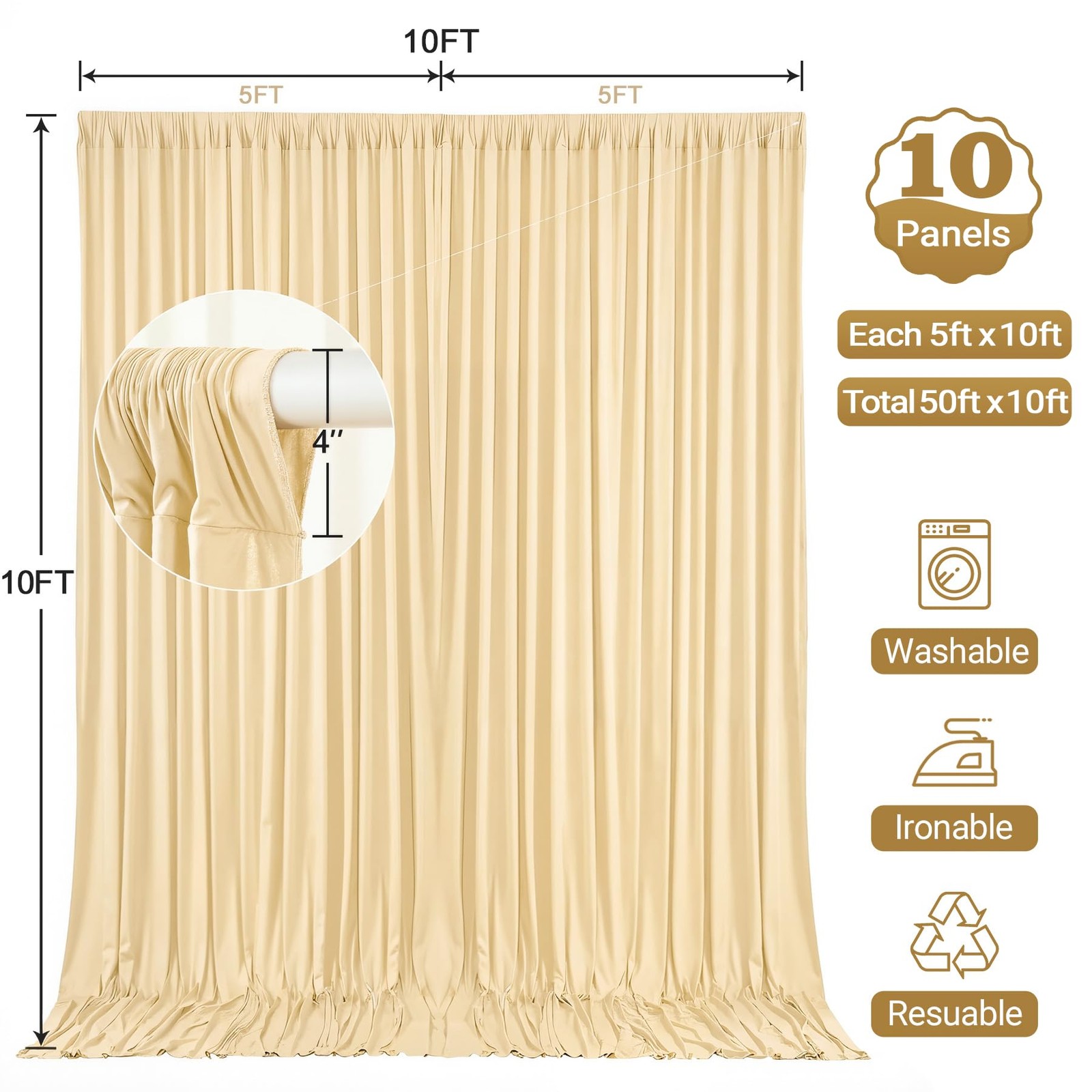 50x10ft Champagne Backdrop Curtain Panels W5′ x H10′(10 panels),