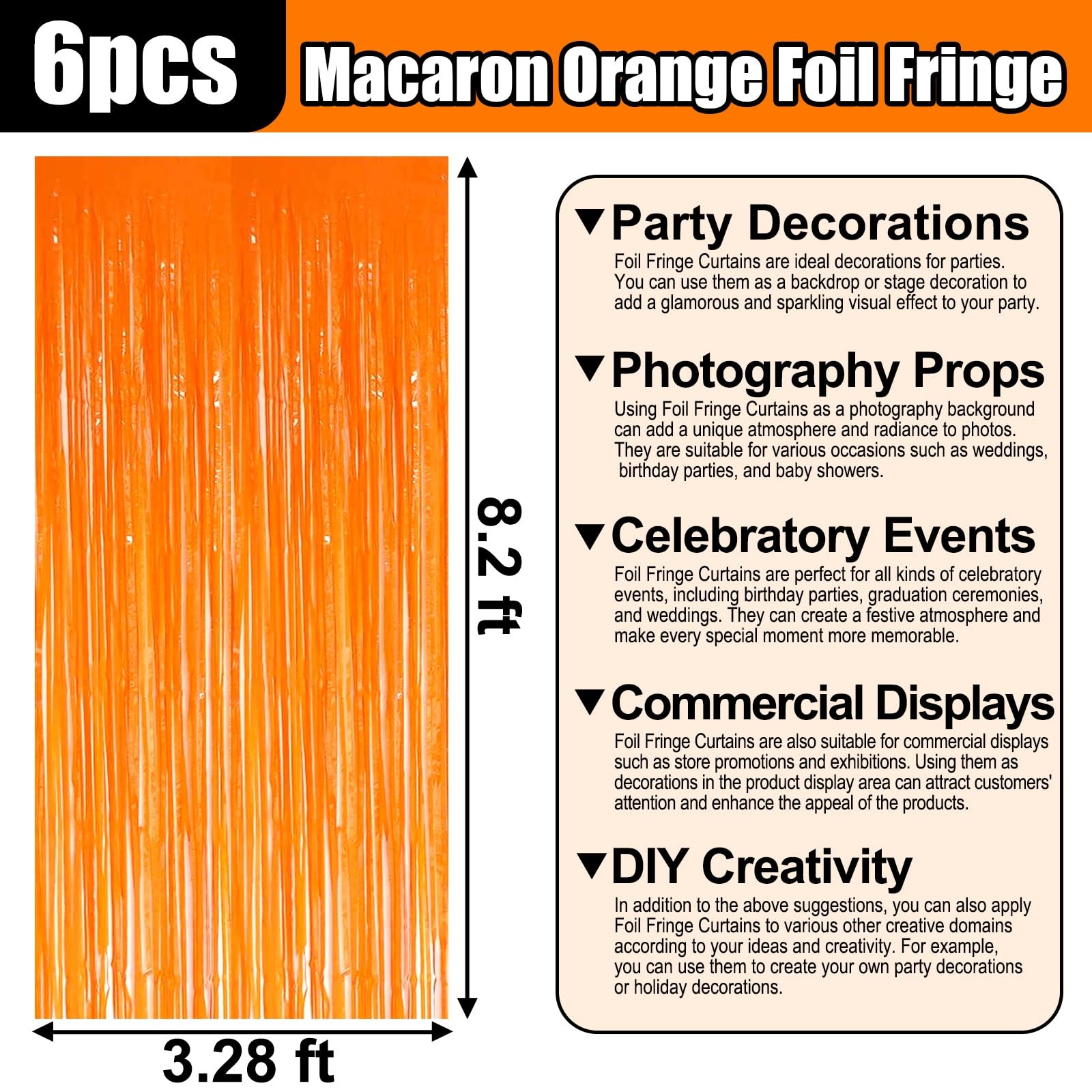 Macaron Orange Metallic Foil Fringe Curtain Backdrop Streamers 3.28×8.2 Ft 6 PK