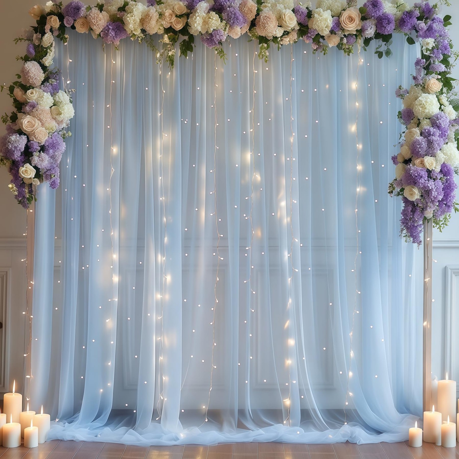 10×10ft Blue Tulle Backdrop Curtain with Lights String for Parties, Sheer Pho…