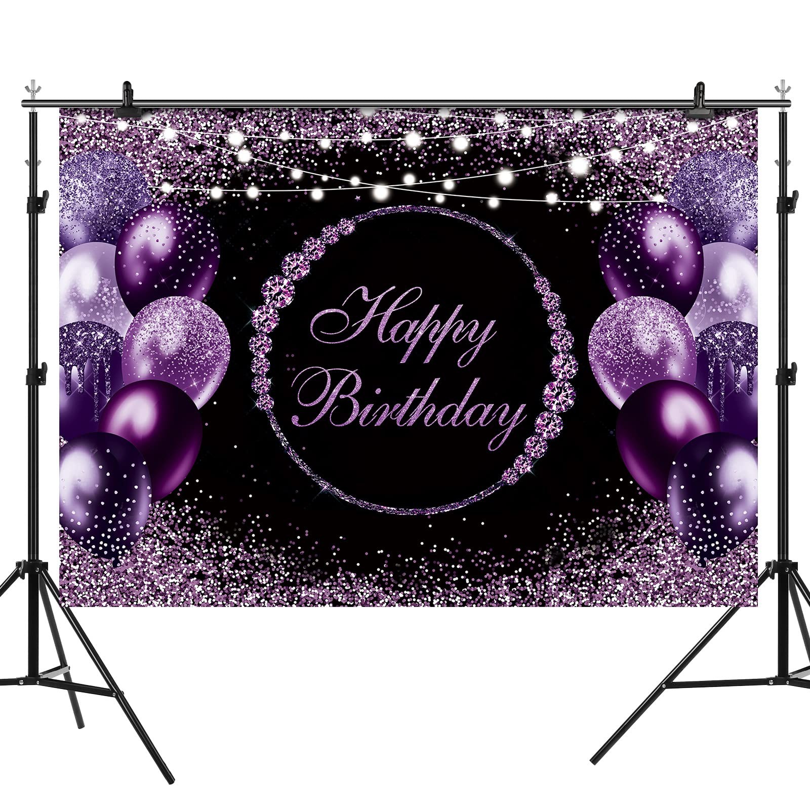 7x5Ft Purple Black Silver Happy Birthday Party Backdrop Photography Background