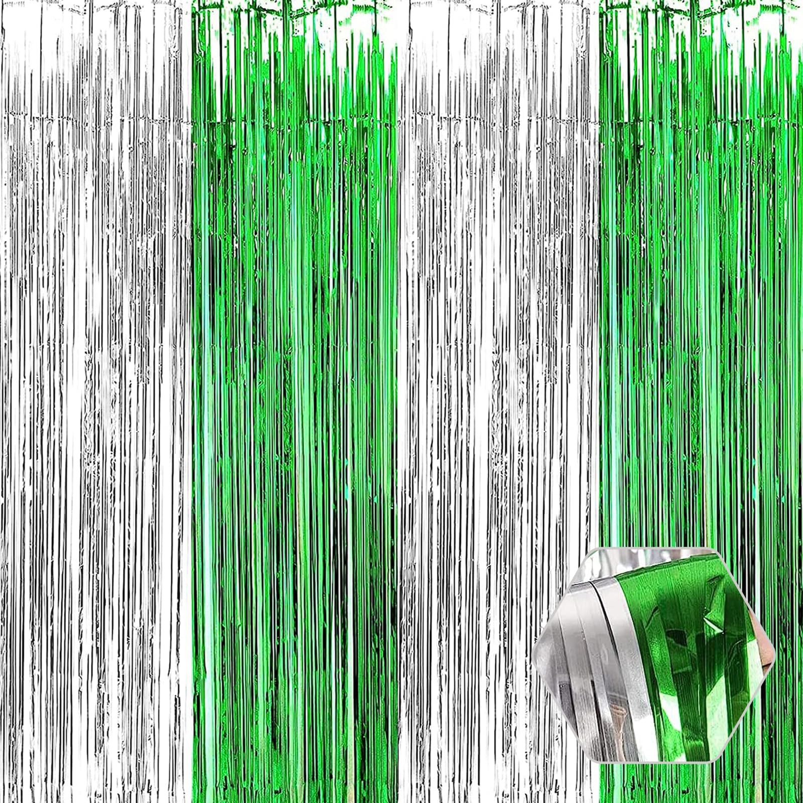 Silver Green Metallic Tinsel Foil Fringe Streamer Curtain Backdrops 6 Pack