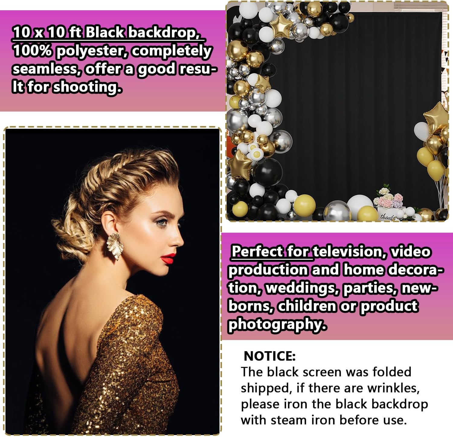 Black Backdrop 10 X 10 Ft, Solid Black Photo Backdrop, High Density Polyester Fa