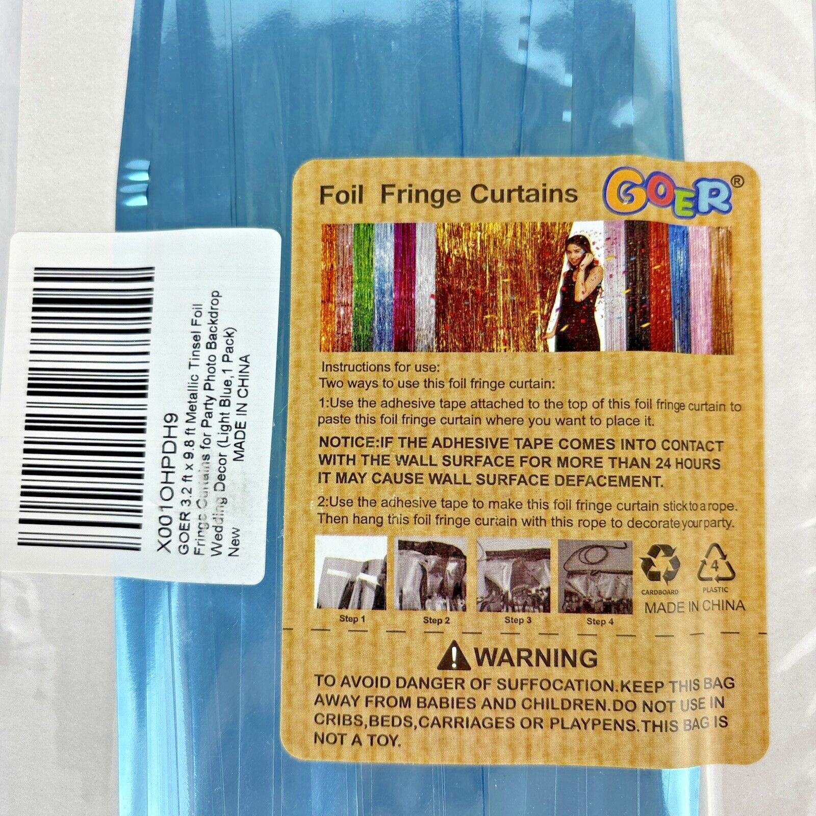 GOER 3.2 ft x 9.8 ft, Metallic Tinsel Foil Fringe Curtains, Light Blue