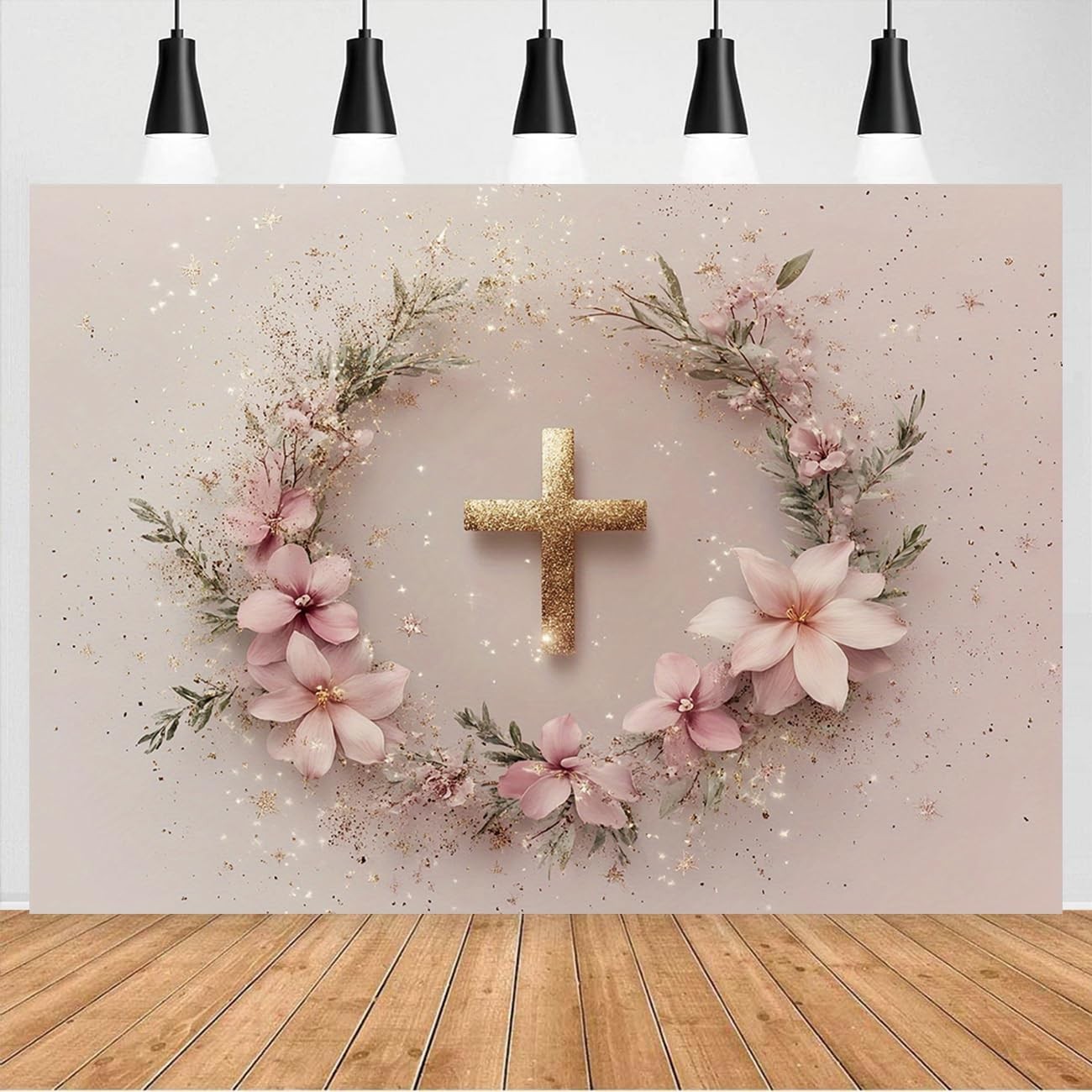 God Bless Baptism Photography Background Pink Floral Gold Backdrop 7x5ft