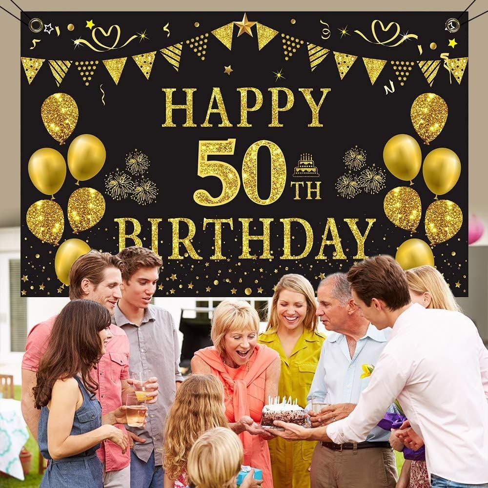 Elegant Gold & Black 50th Birthday Banner – 5.9ft x 3.6ft Photography Backdrop