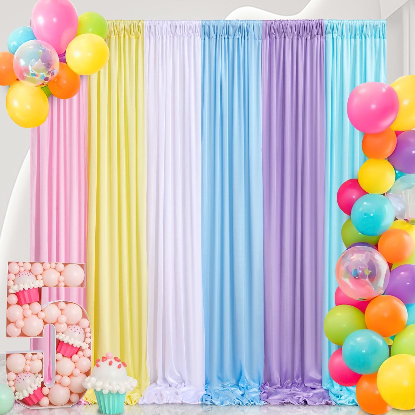 Rainbow Pastel Backdrop Curtains 15x10ft Wrinkle Free 6 Panels 2.5x10ft