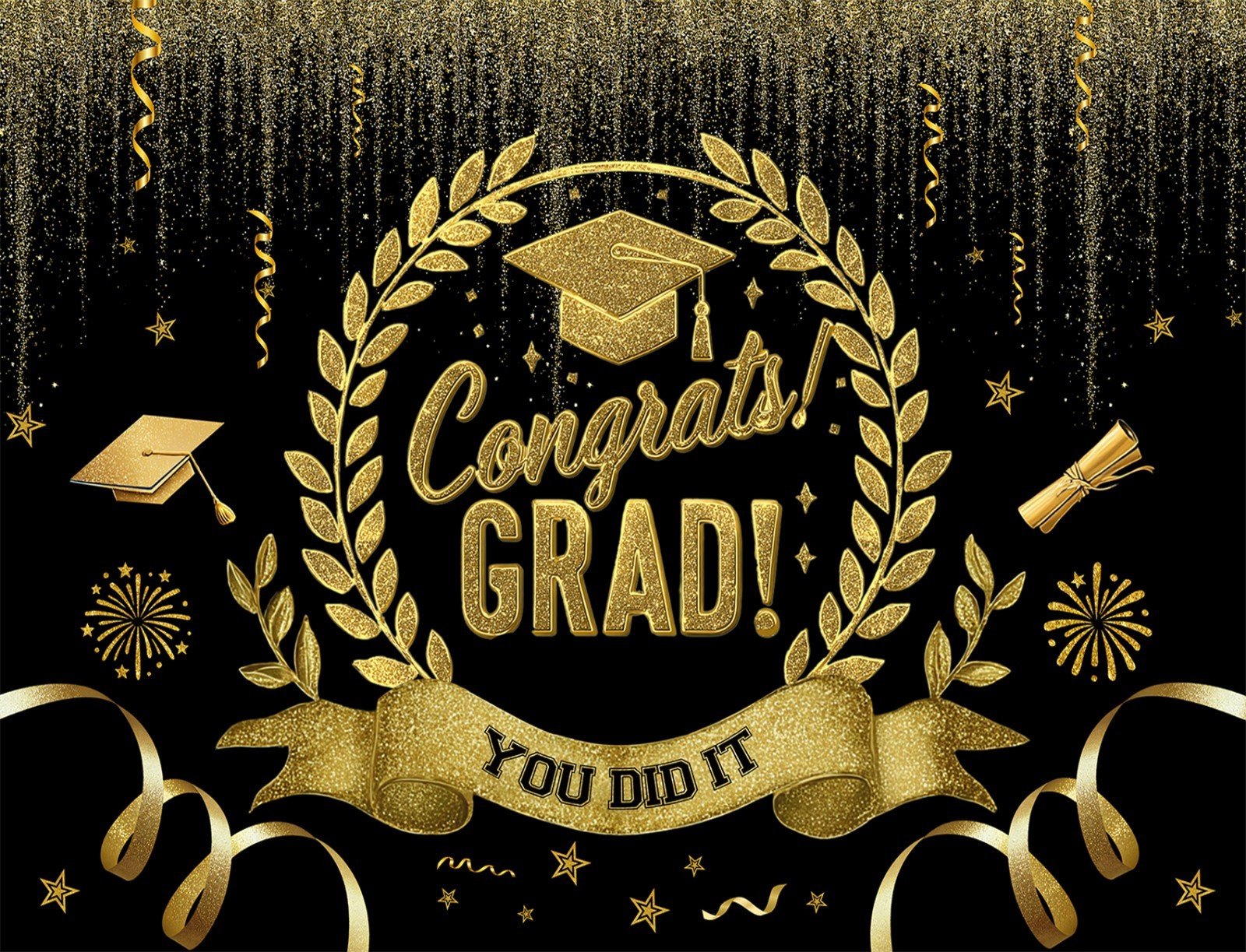 10x8ft Black Gold Congrats Grad Backdrop Graduation Party Photo Background