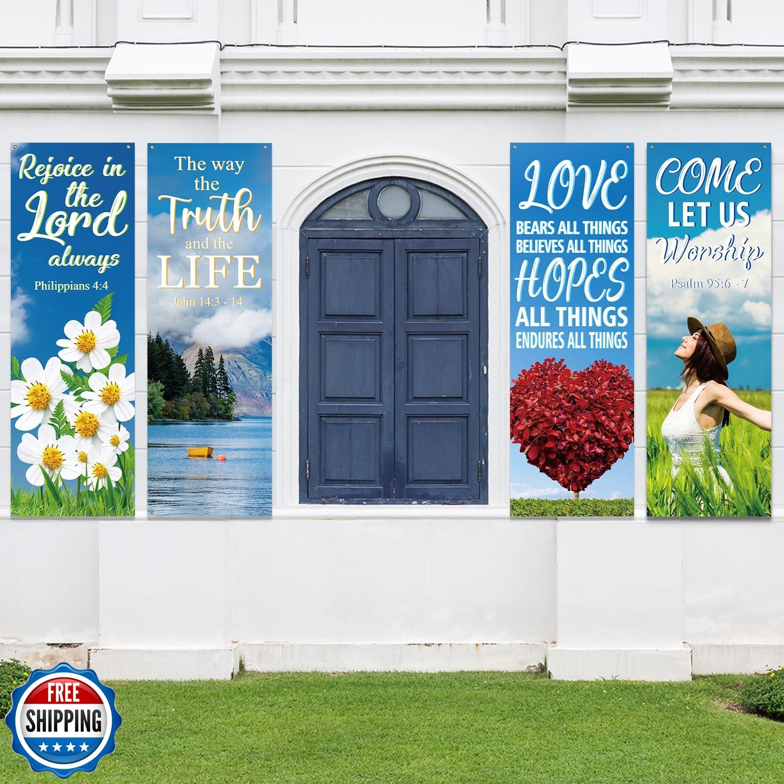 4Pcs Church Banners for Sanctuary Wall Welcome Inspirational Reli
