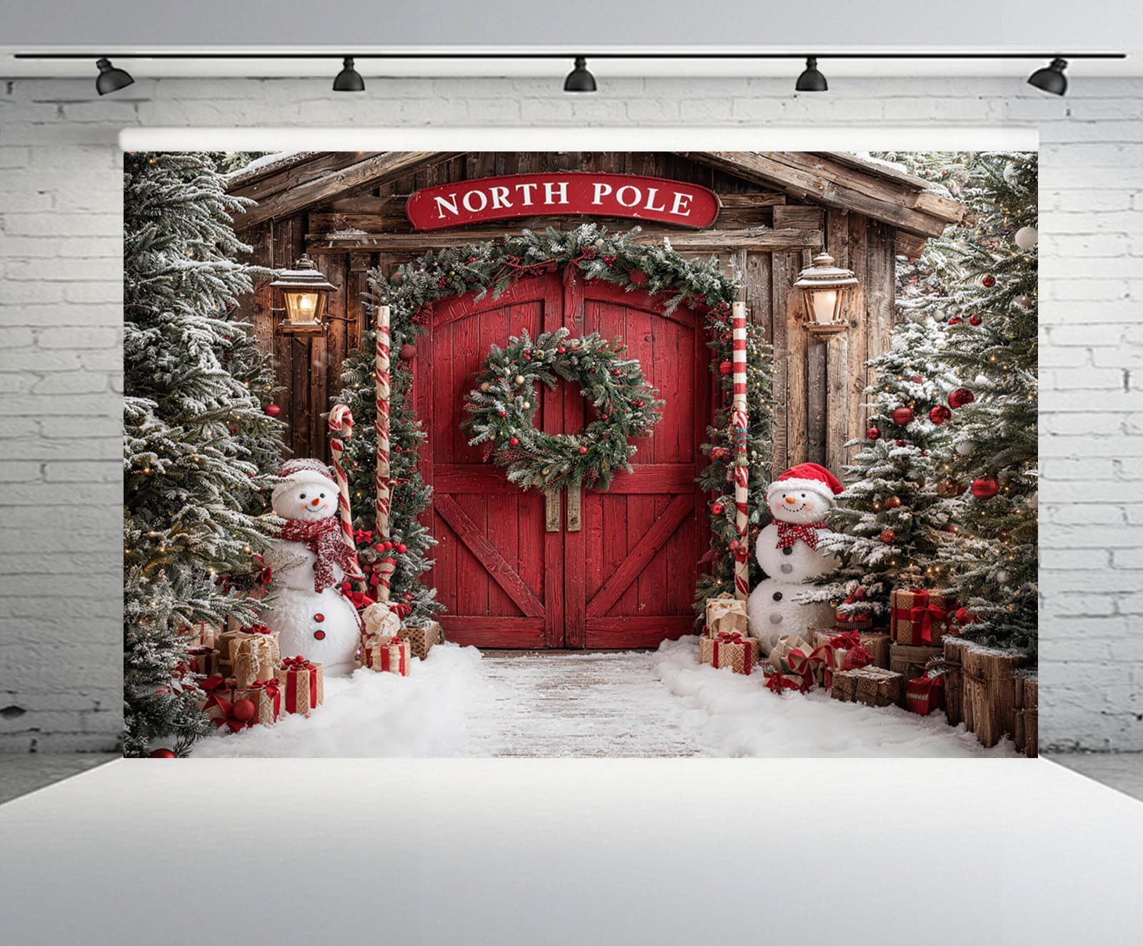 9×6 FT Christmas North Pole Backdrop Snowman Snowy Pine Forest Red Door