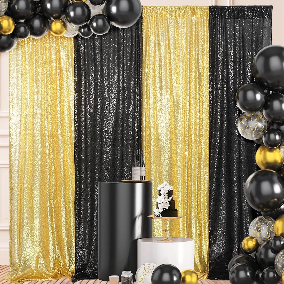 4 PCS 2×8 Ft Black Gold Sequin Backdrop Curtain Glitter Party Decor
