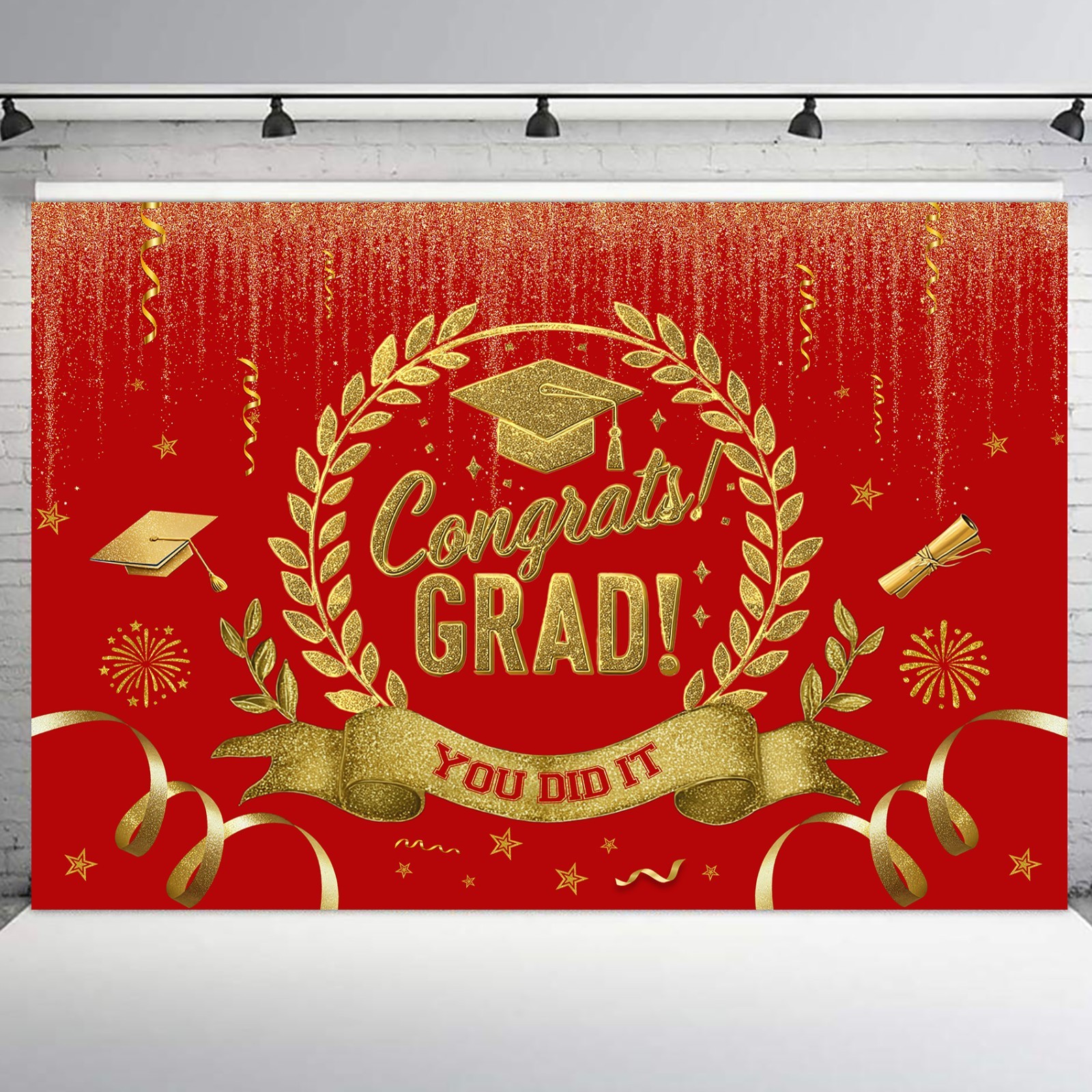 10x8ft 2026 Graduation Backdrop Banner Red Gold Congrats Grad Photo Background