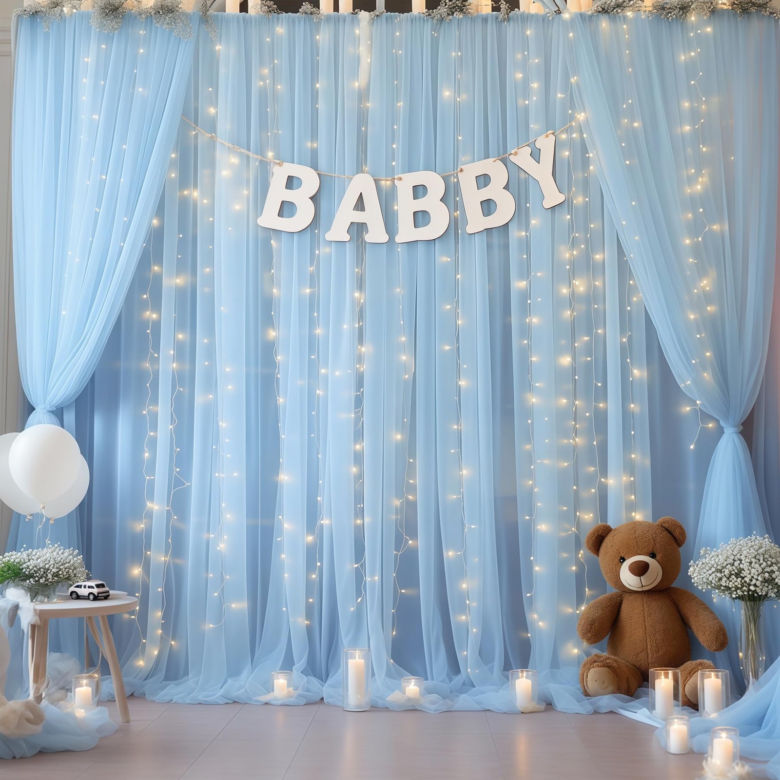 10×10ft Blue Tulle Backdrop Curtain with Lights String for Parties, Sheer Pho…